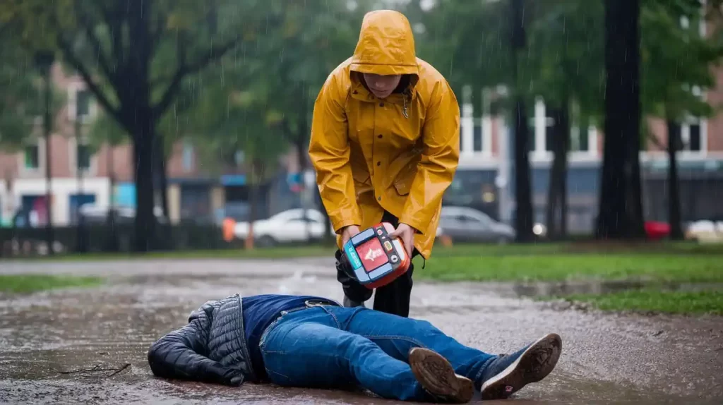 a person uses an aed in the rain