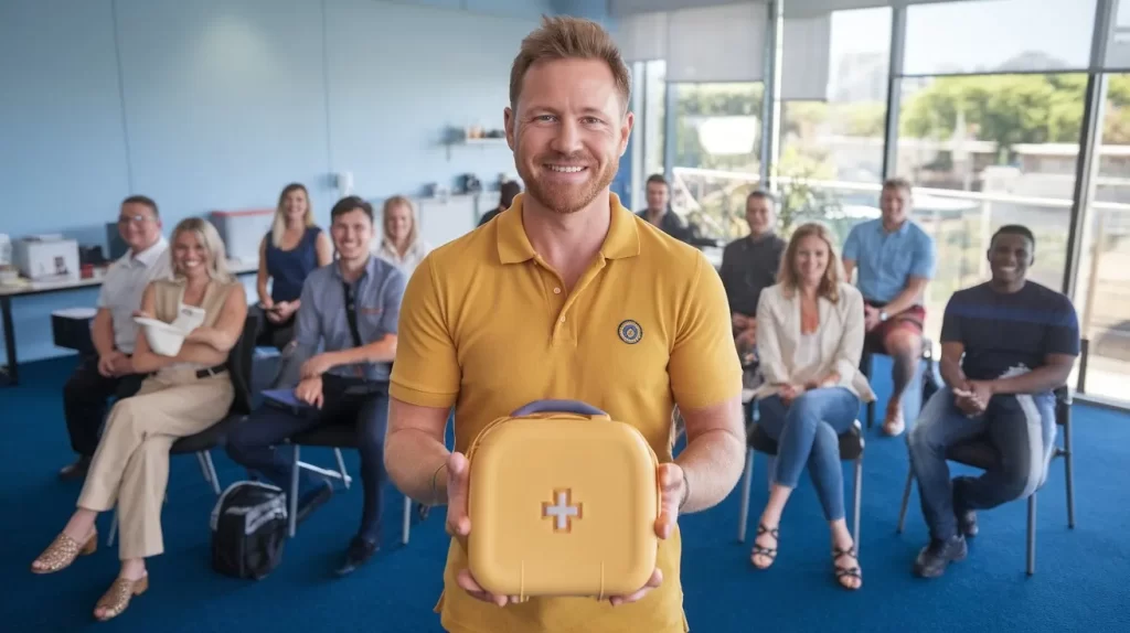 a first aid trainer teaches how to use an aed