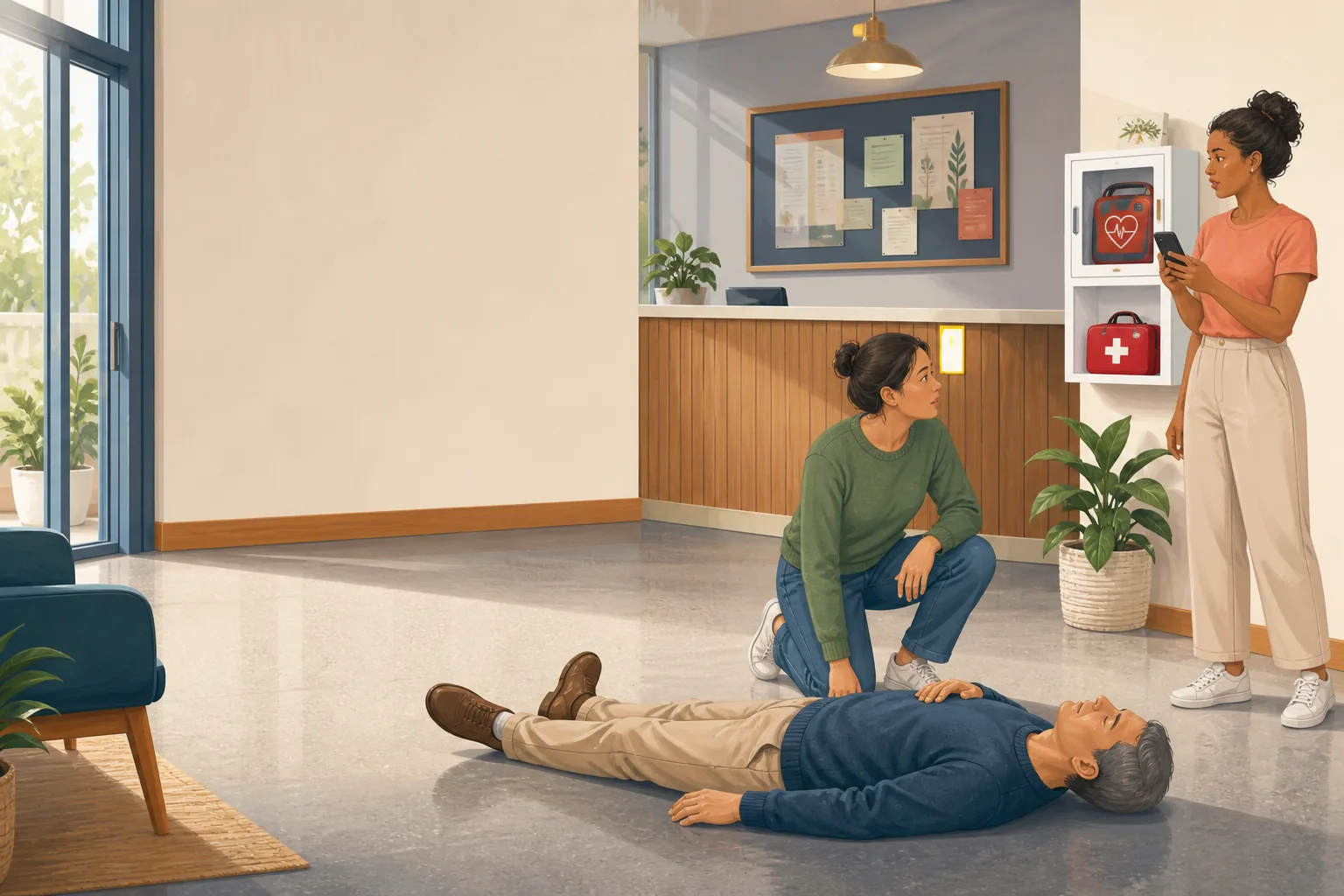 Illustrated first-aid practice scene in a community centre