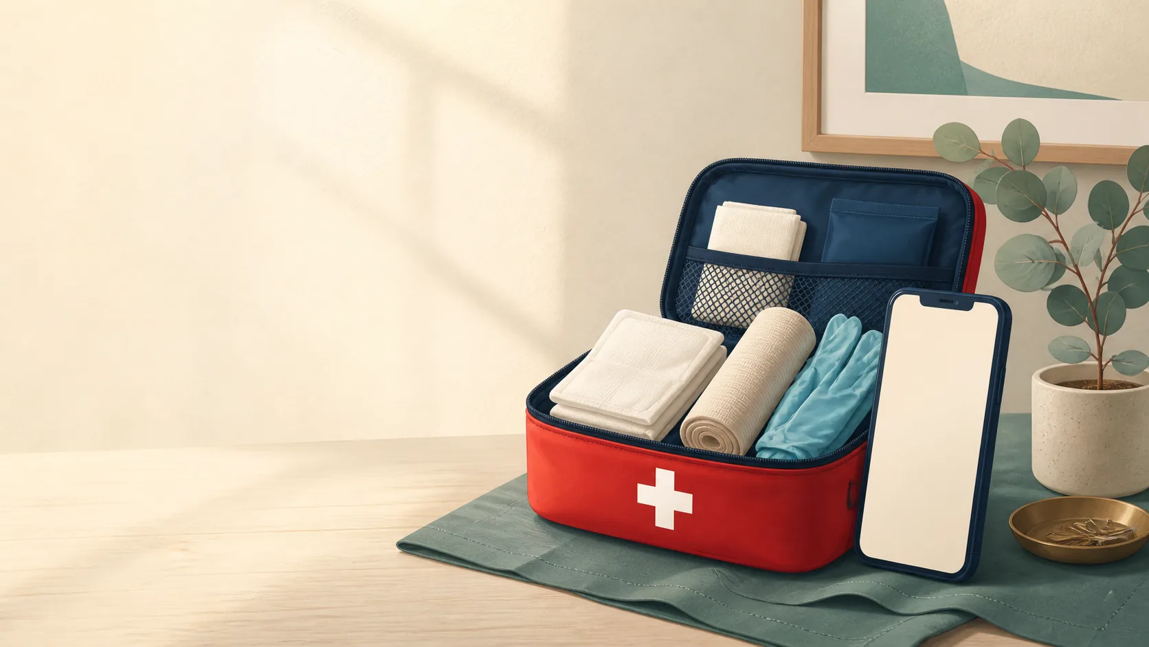 Two people calmly practising a bandage beside an open first-aid kit.