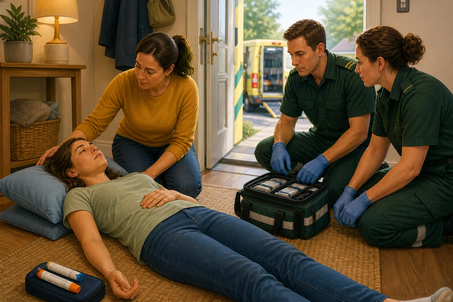Illustration of a helper monitoring a person after adrenaline while ambulance responders arrive.