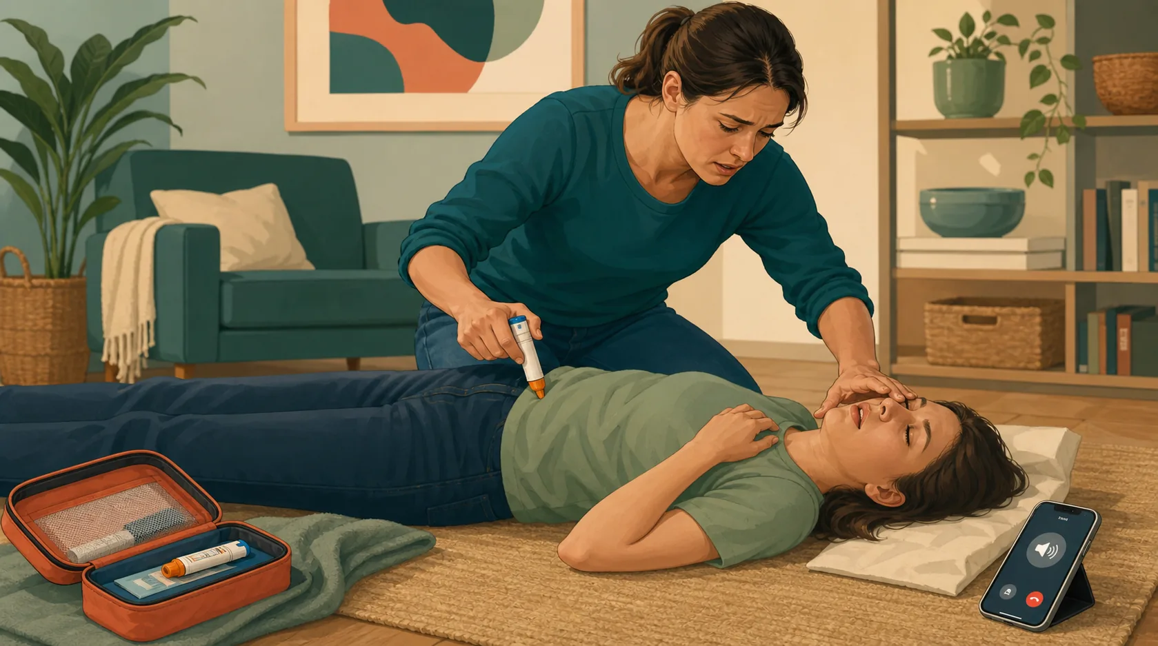 Illustration of a helper keeping a person with anaphylaxis safe while another person calls Triple Zero and an adrenaline injector is ready.