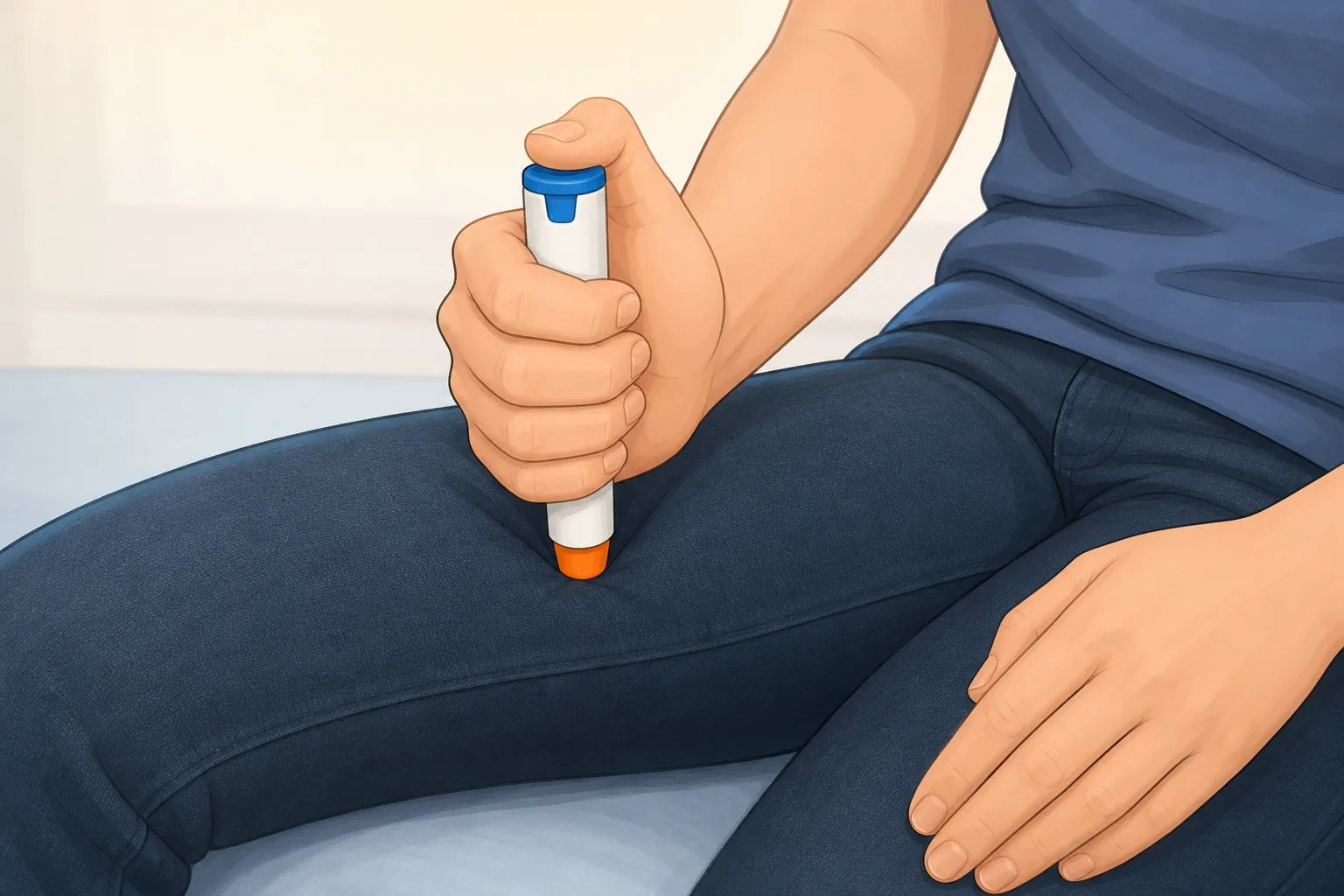 Generic educational illustration of an adrenaline autoinjector held against the outer thigh at a right angle.