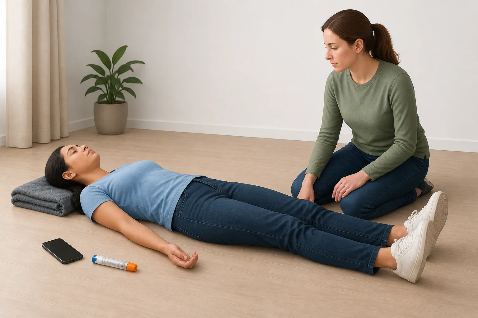 Educational illustration showing a person with suspected anaphylaxis lying flat with a helper nearby.