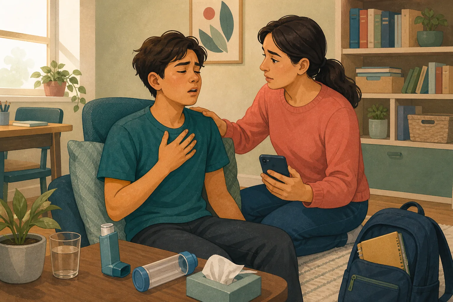 Illustration of a person with asthma symptoms sitting upright while a helper brings a reliever and prepares to call for help.