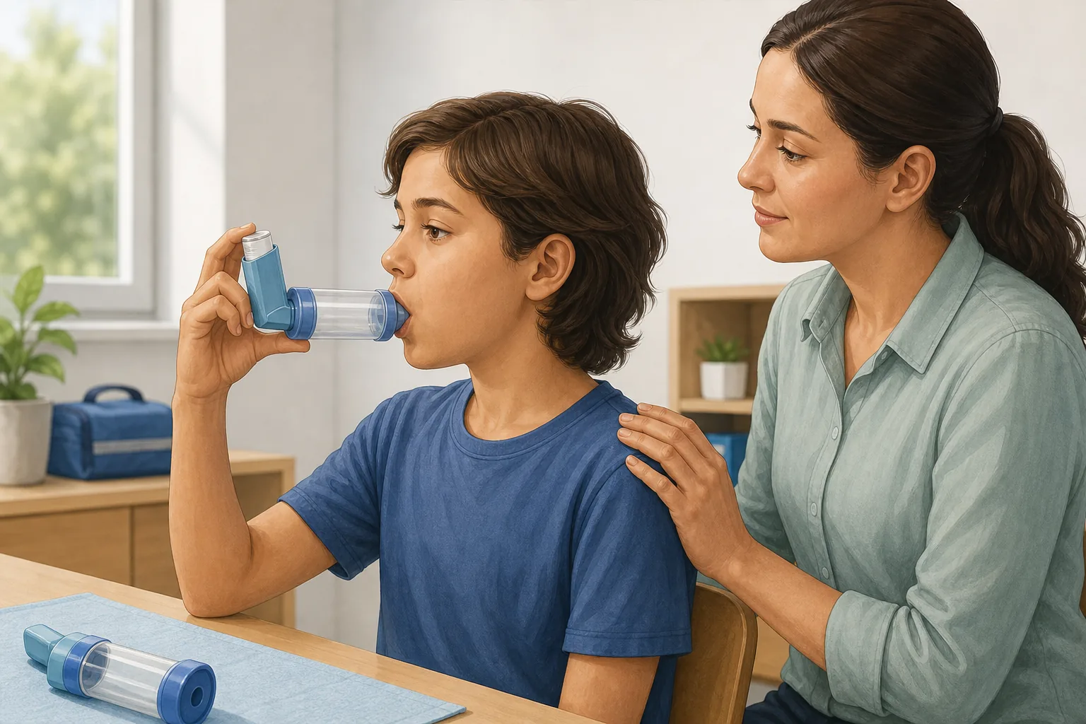 Educational illustration of a child using a generic reliever puffer with a spacer while a caregiver supports them.