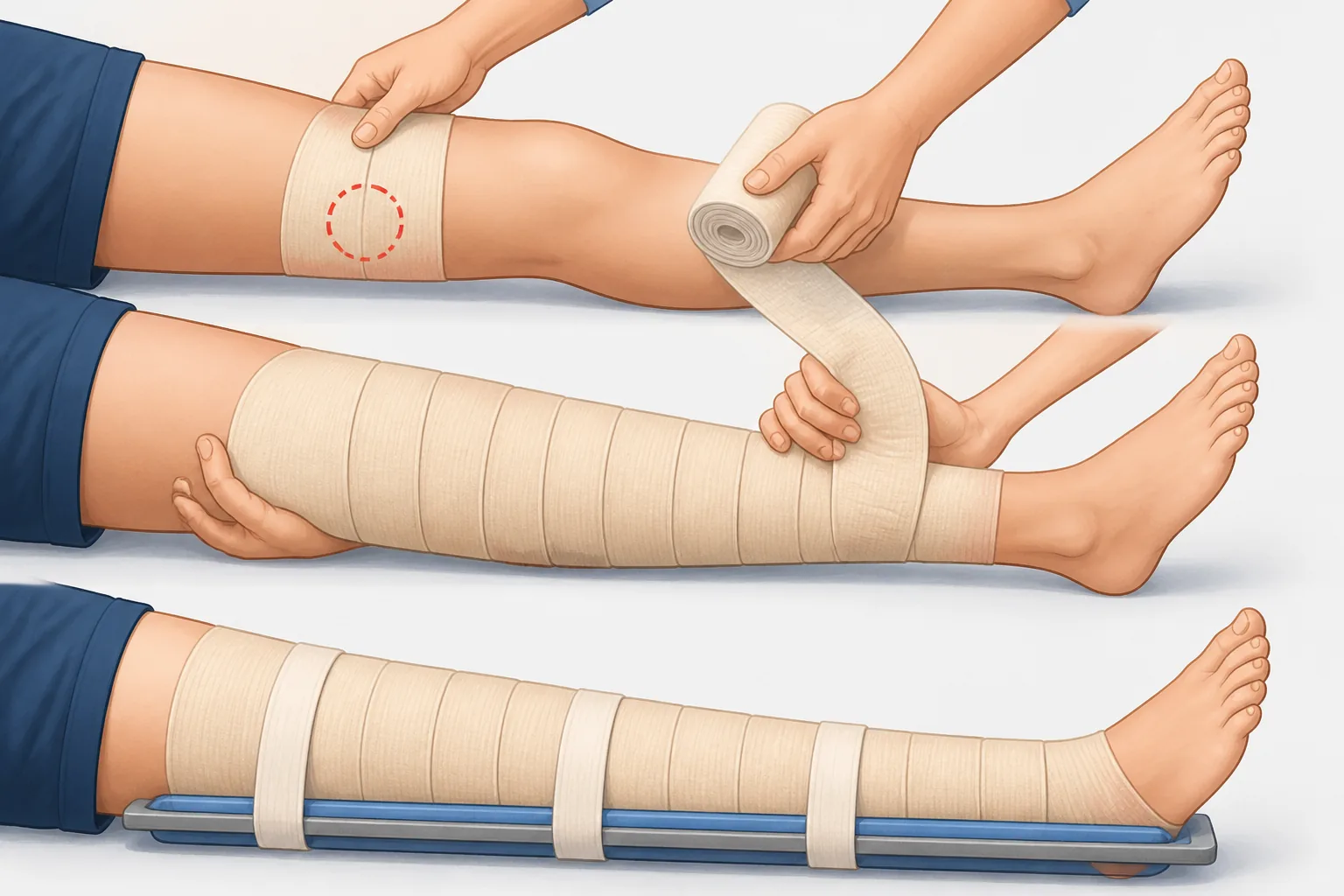 Educational illustration showing a broad bandage starting over a suspected bite and continuing along the whole limb before splinting.