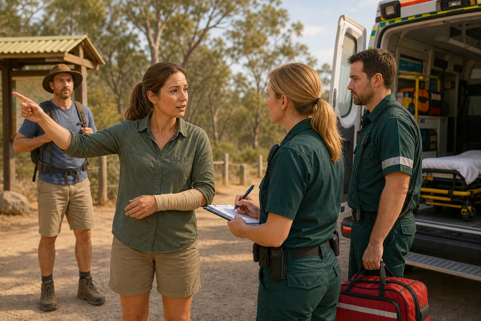 Illustration of a helper telling ambulance responders the time, location and suspected animal while the bandage stays in place.