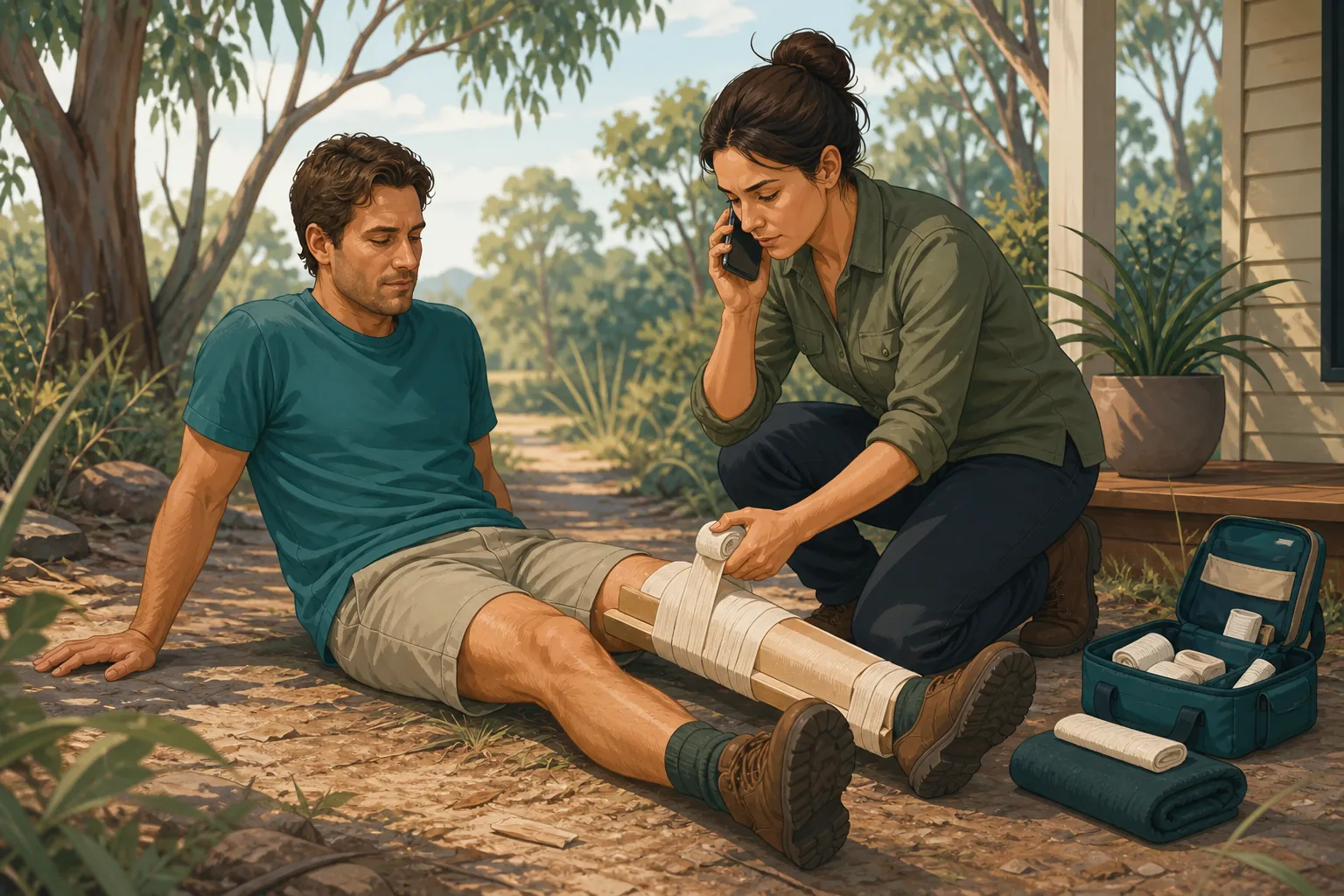 Australian outdoor illustration of a helper keeping a person with a suspected venomous bite still while calling Triple Zero.