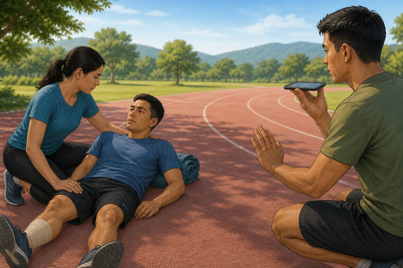 Illustration of a helper keeping a person with a suspected venomous bite still while calling for help outdoors.