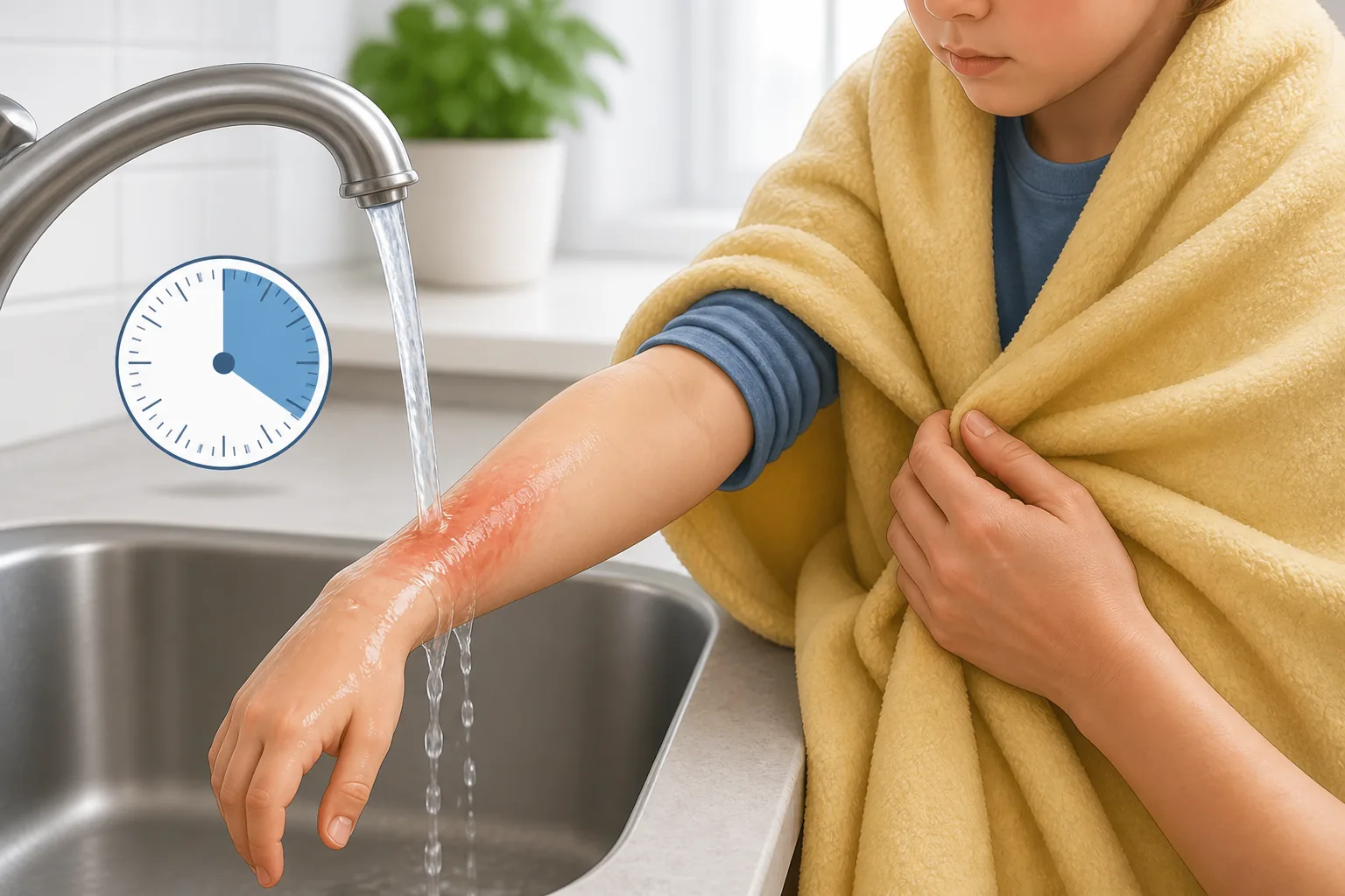 Educational illustration of cool running water over a burn with the rest of the person kept warm.