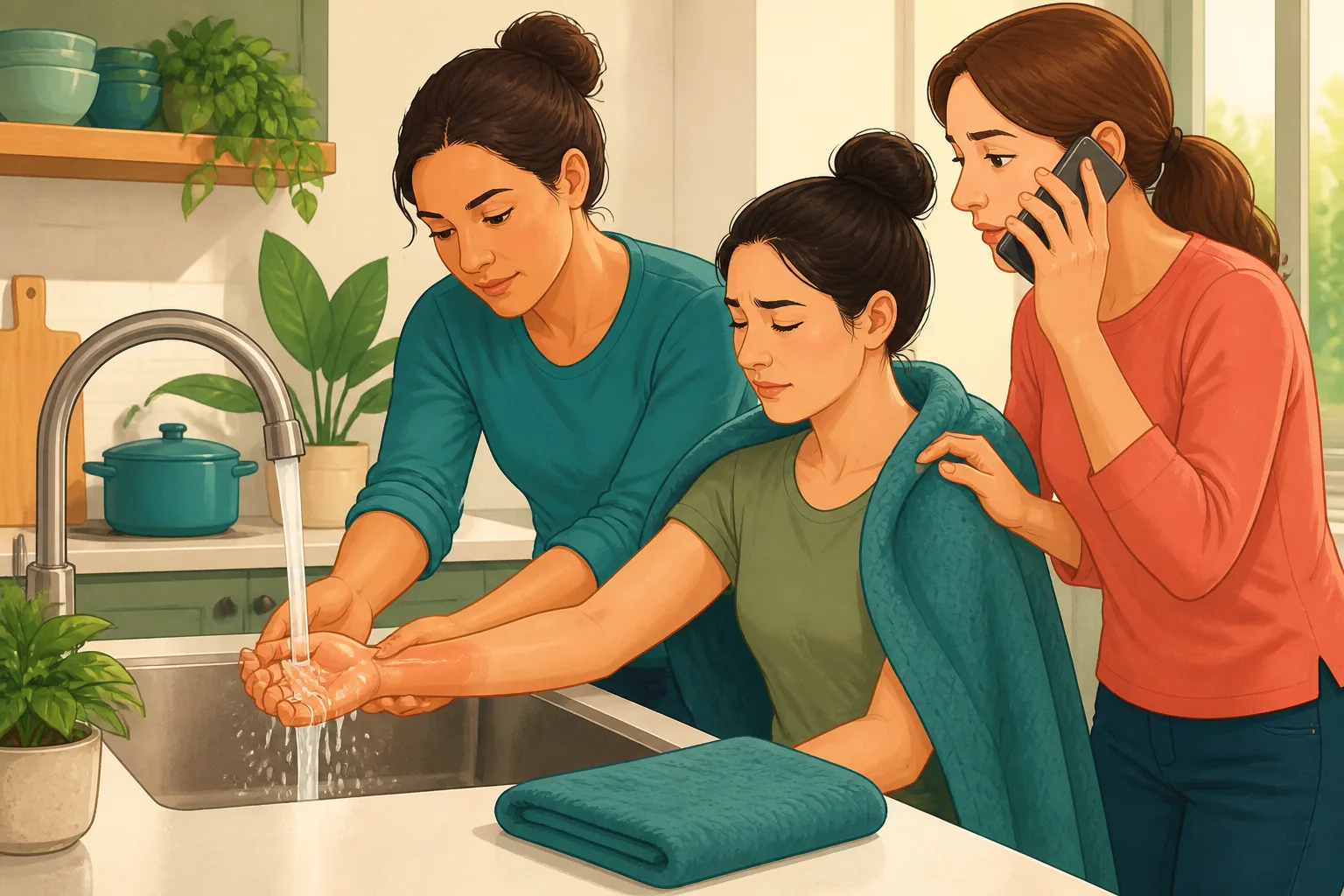Illustration of a helper cooling a non-graphic burn under cool running water at a kitchen sink while another calls for help.