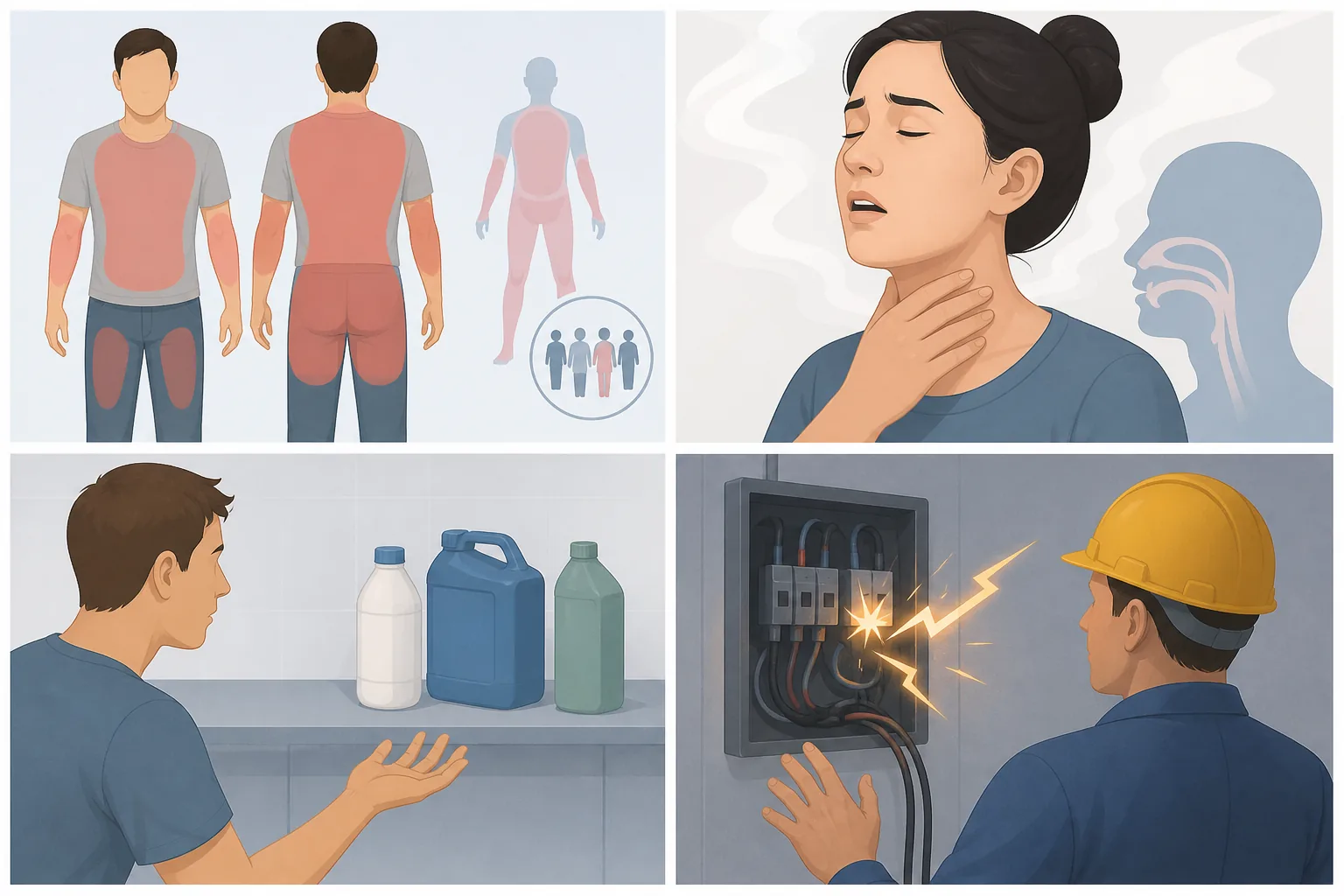Four-vignette educational illustration of extensive, facial, chemical and electrical burns needing urgent assessment without graphic detail.