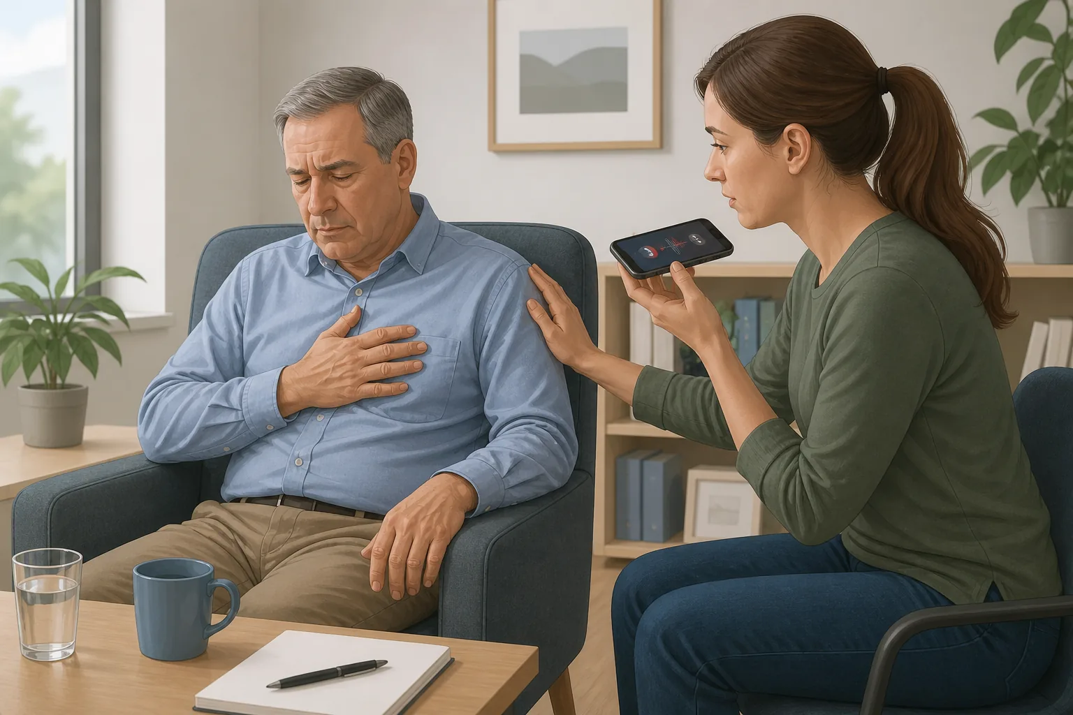 Illustration of a bystander calling Triple Zero while keeping a person with chest pain seated and still.