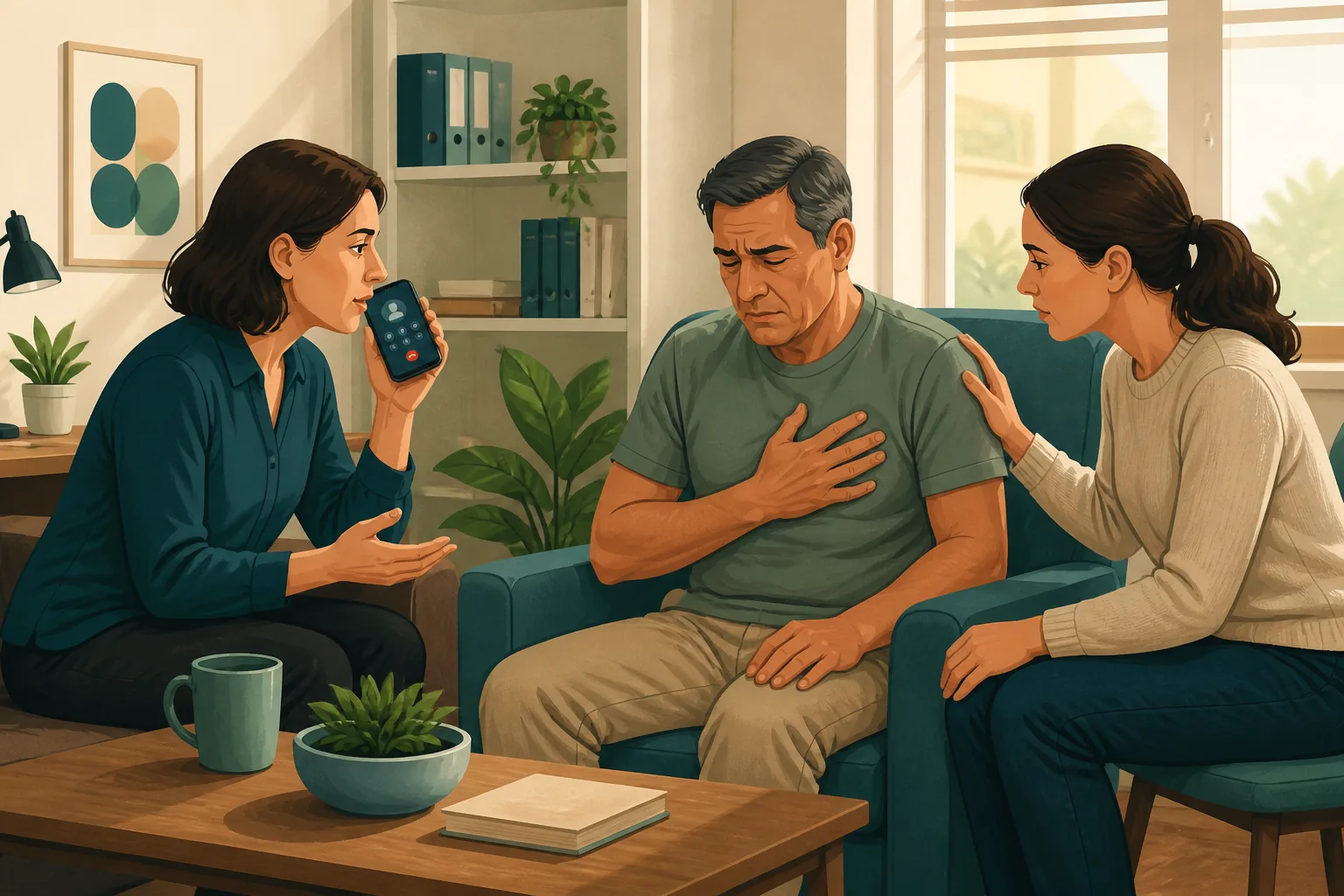 Illustration of a person with concerning chest pain seated comfortably while a helper calls Triple Zero and stays nearby.