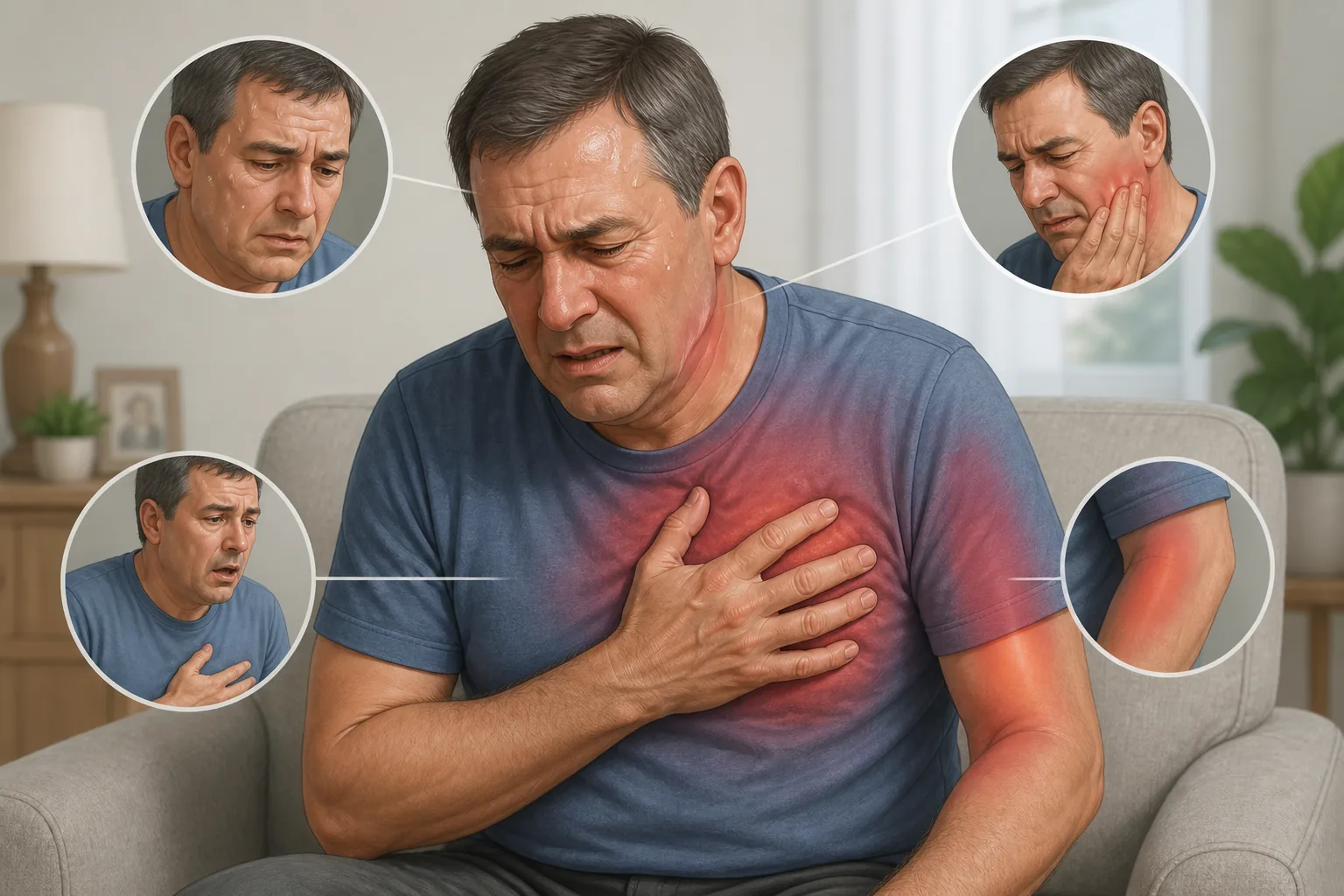 Educational illustration of a person with chest discomfort and a helper noticing signs such as sweating and breathlessness.