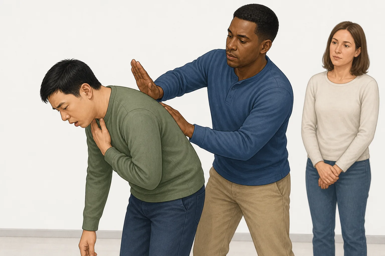 Educational illustration of an adult leaning forward while a helper gives a back blow between the shoulder blades.