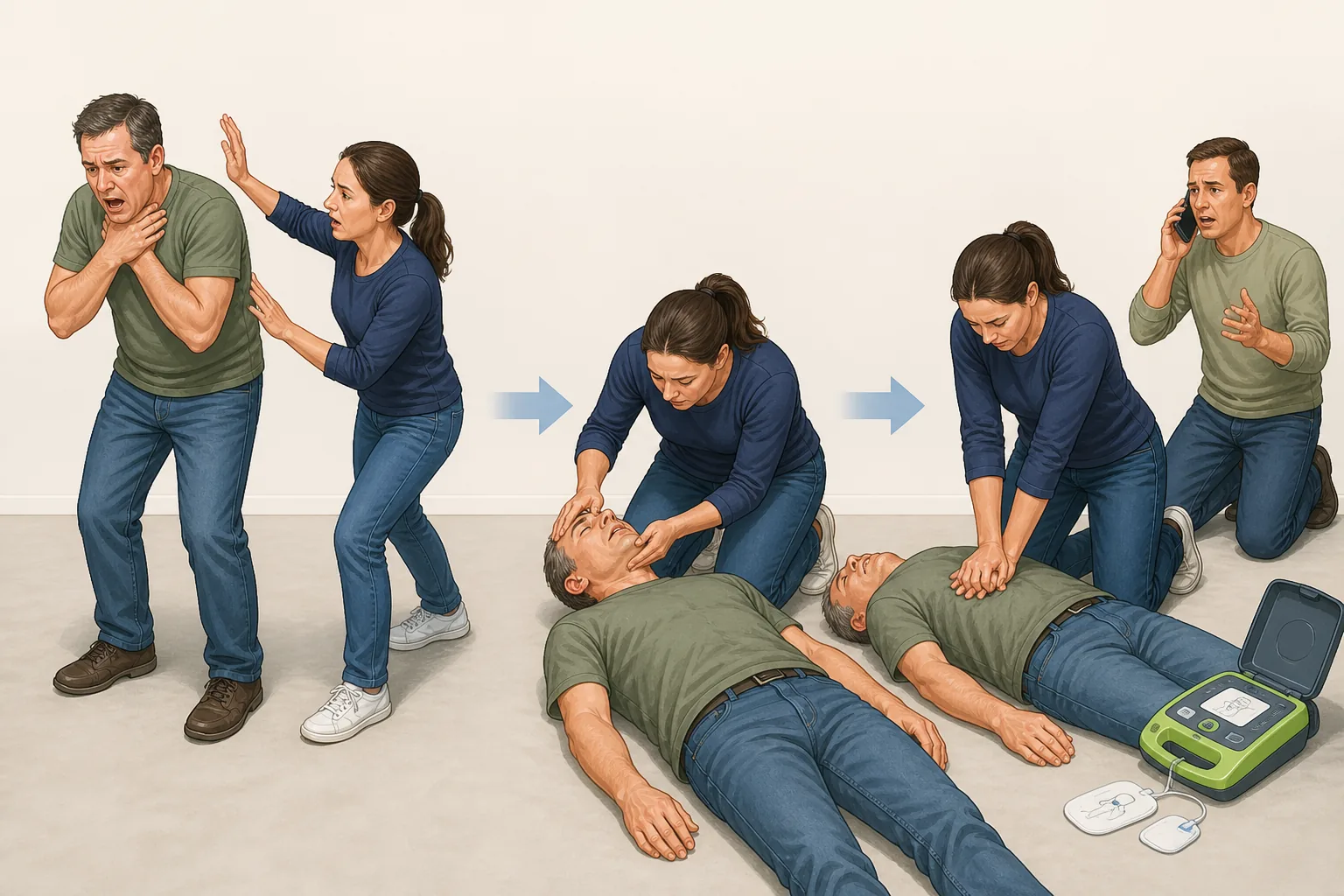 Illustration showing the transition from severe choking to CPR with an AED nearby and a bystander calling for help.