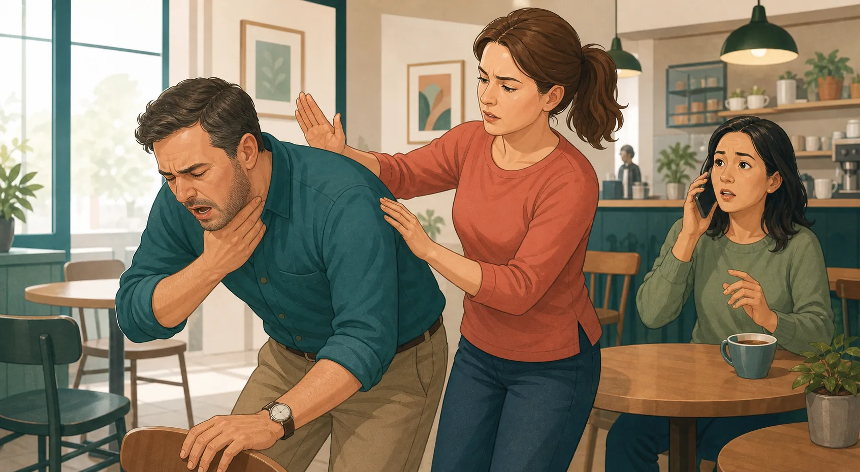 Illustration of an adult with severe choking while a helper prepares the Australian response and another person calls Triple Zero.