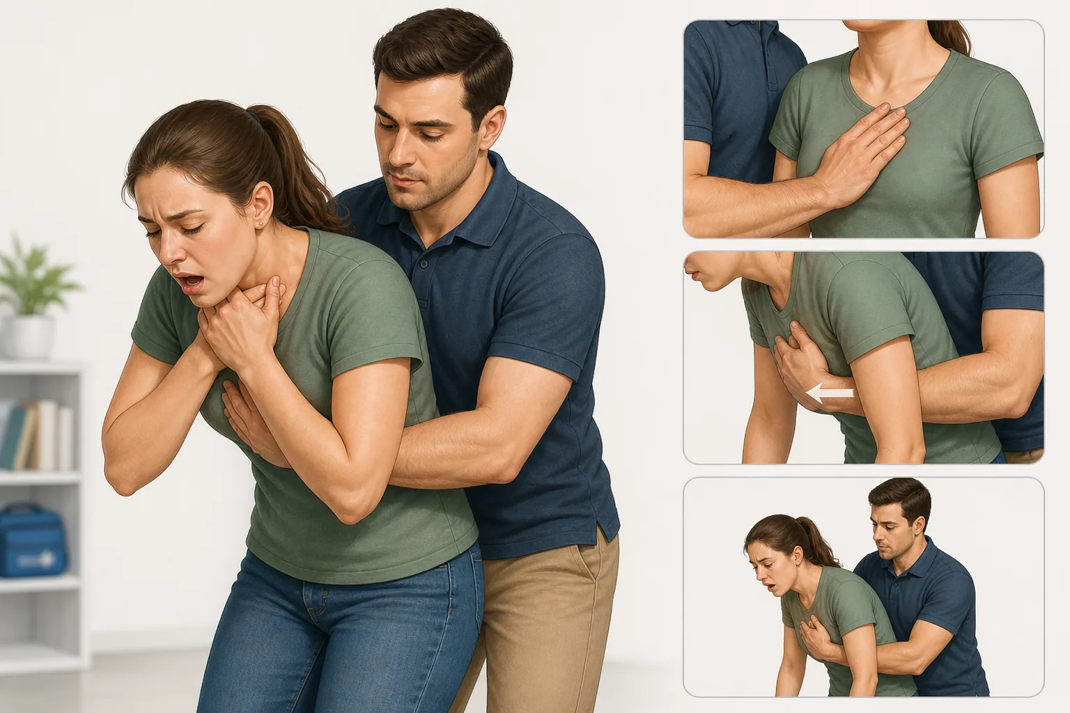 Educational illustration of a helper giving a chest-thrust response for severe adult choking.