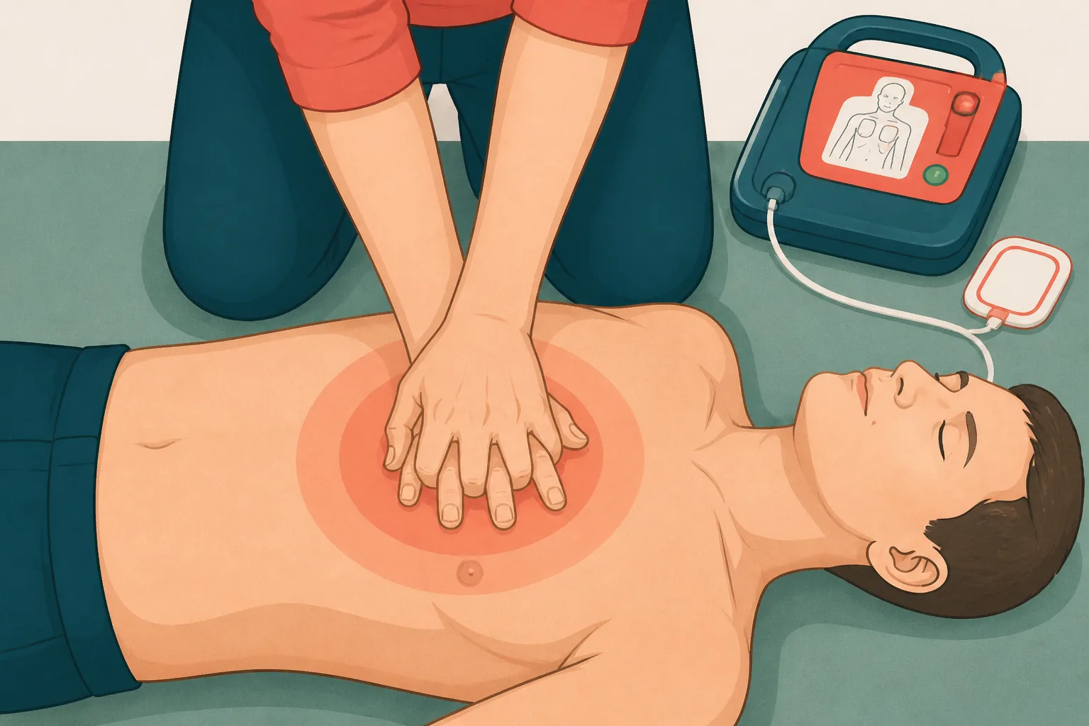 Close educational illustration of two hands placed in the centre of an adult chest for CPR with an AED nearby.