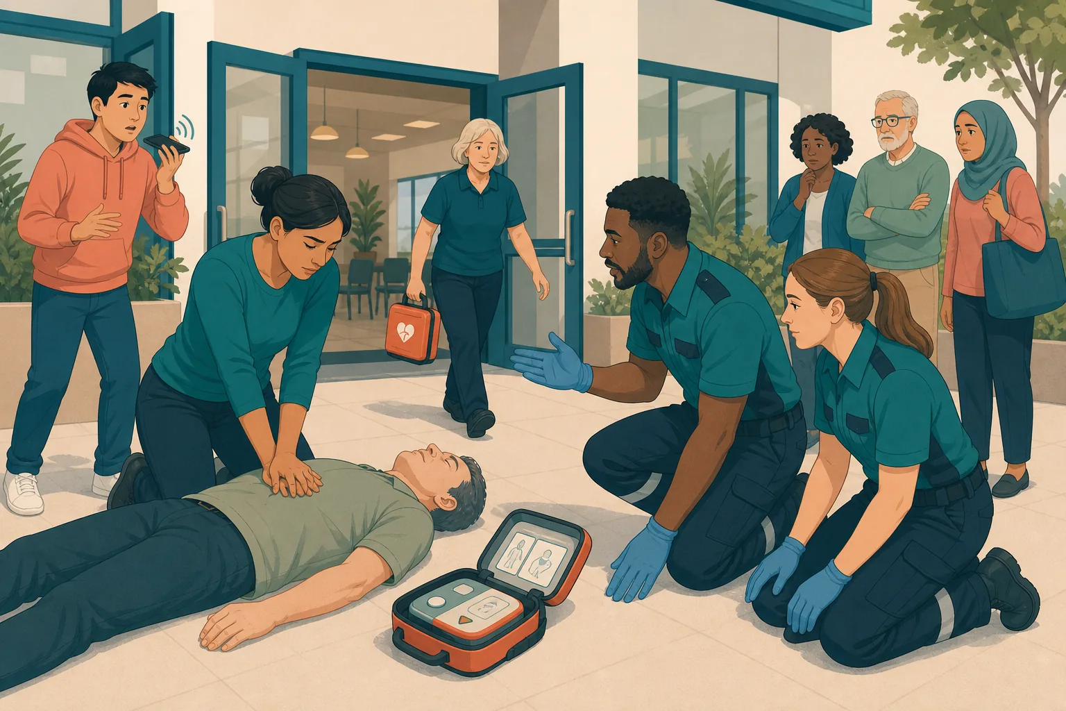 Illustration of a bystander continuing CPR as an AED arrives and ambulance responders prepare to take over.
