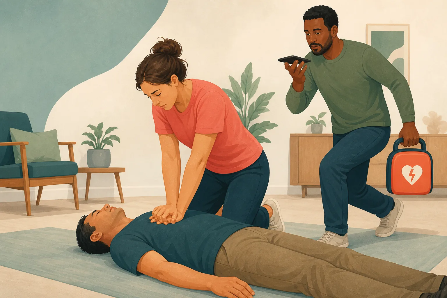 Editorial illustration of a helper beginning CPR on an adult while another bystander calls Triple Zero and brings an AED.