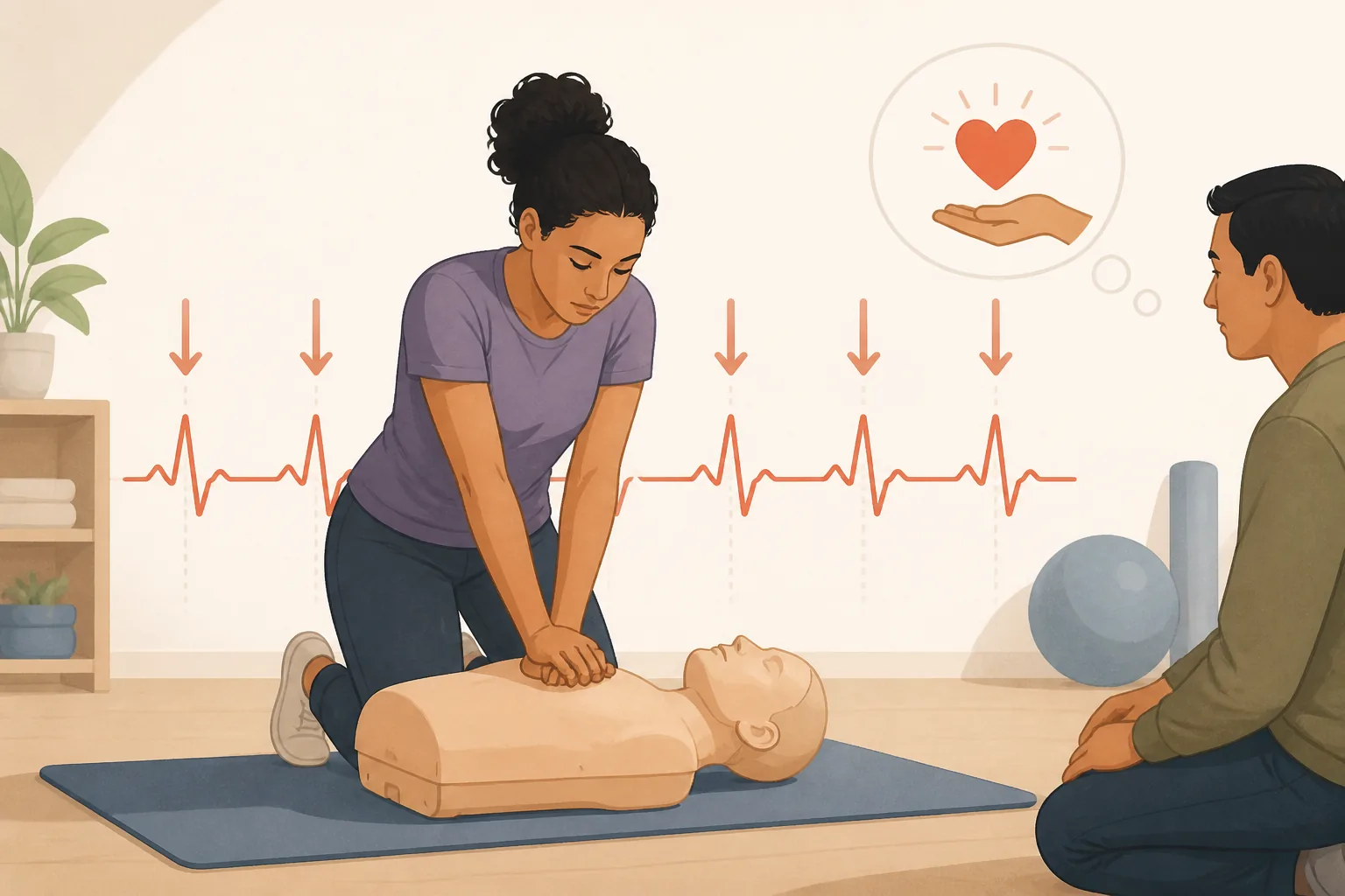 Editorial illustration of a helper giving steady chest compressions on a training figure with a simple rhythm motif.