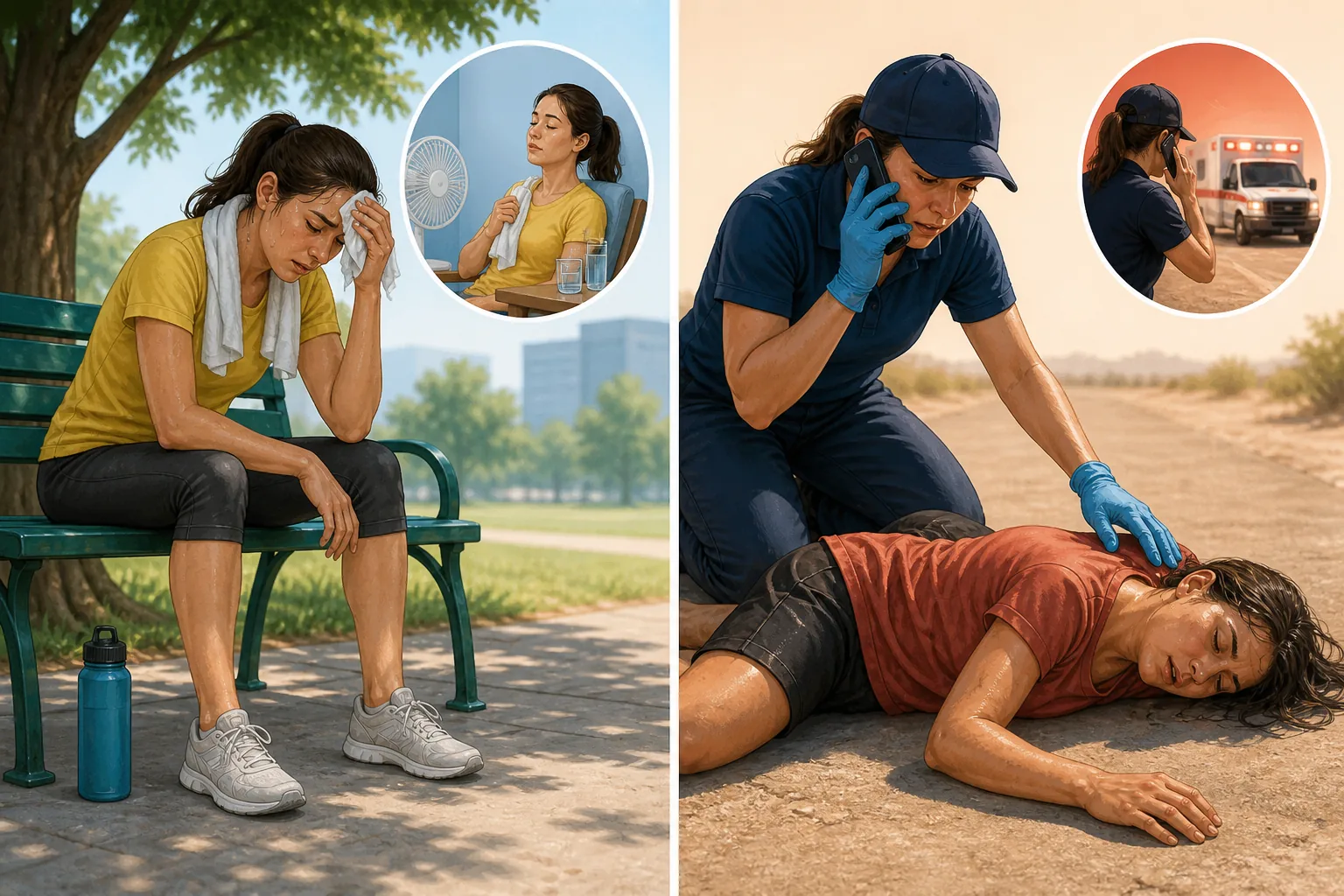 Two-panel educational illustration contrasting alert heat exhaustion with confused or collapsed heatstroke.