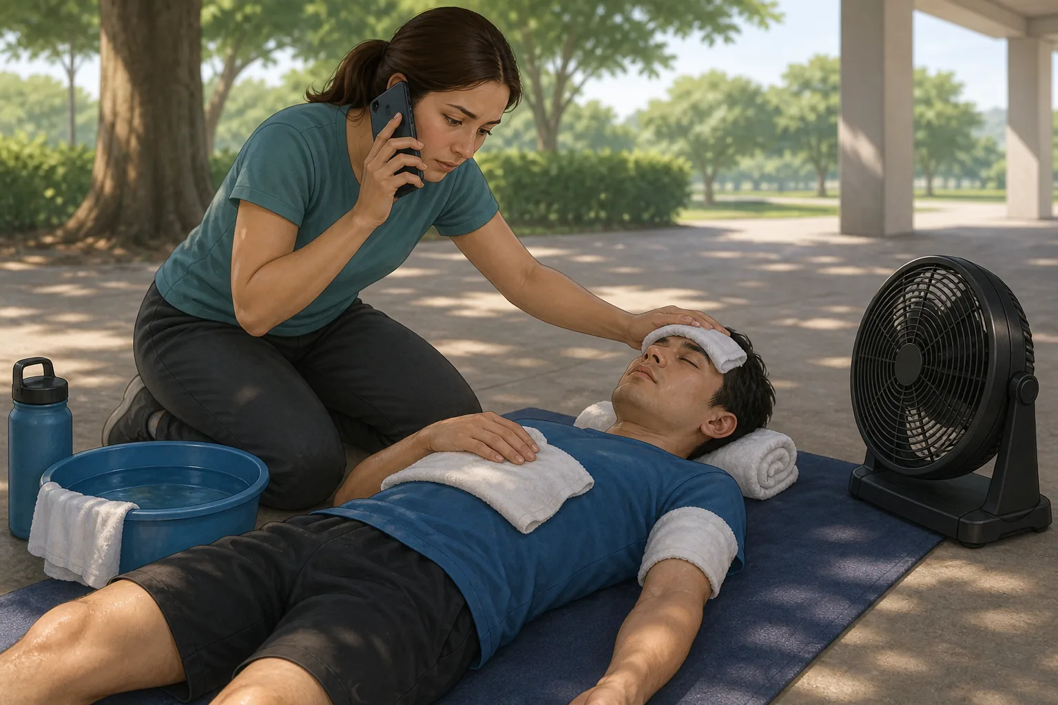 Illustration of active cooling with shade, wet cloths and airflow while a helper monitors a person.