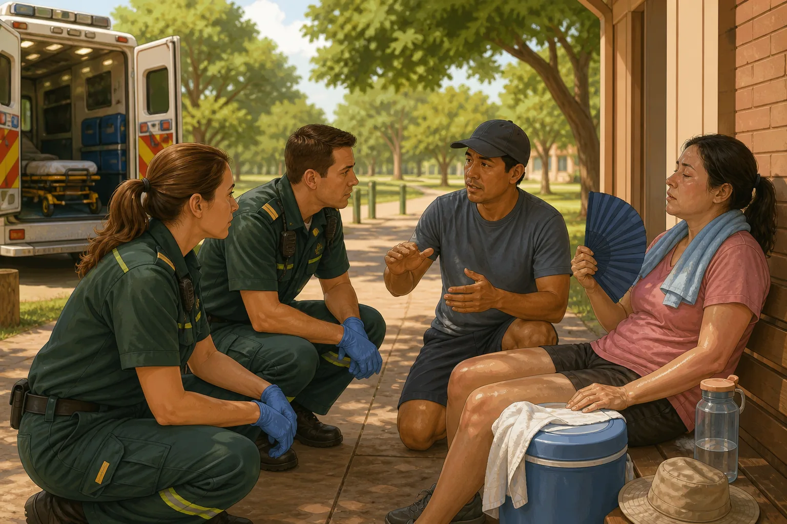 Illustration of a helper telling ambulance responders about heat exposure, behaviour changes and cooling actions.