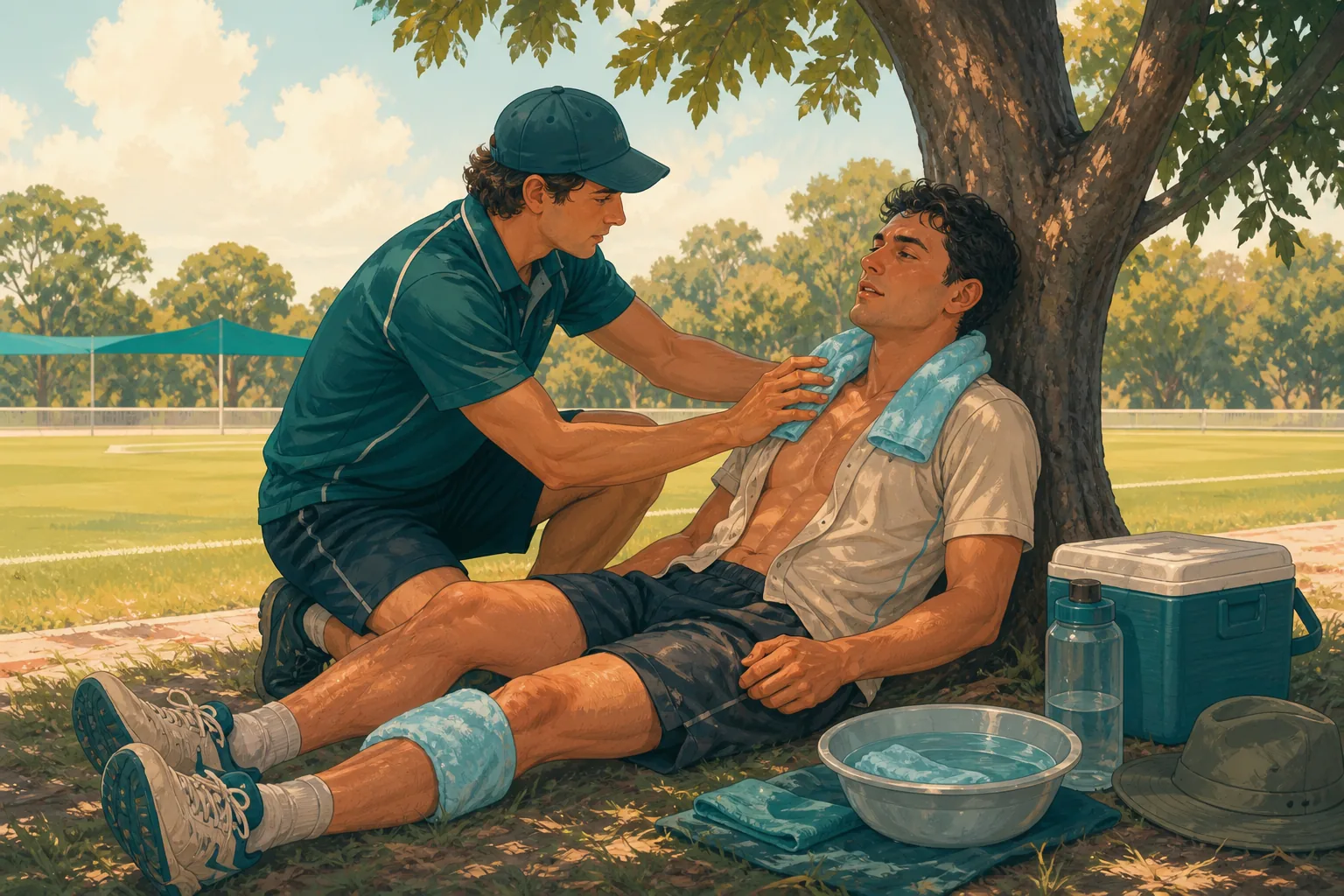 Australian summer illustration of a helper moving a person into shade and beginning active cooling.