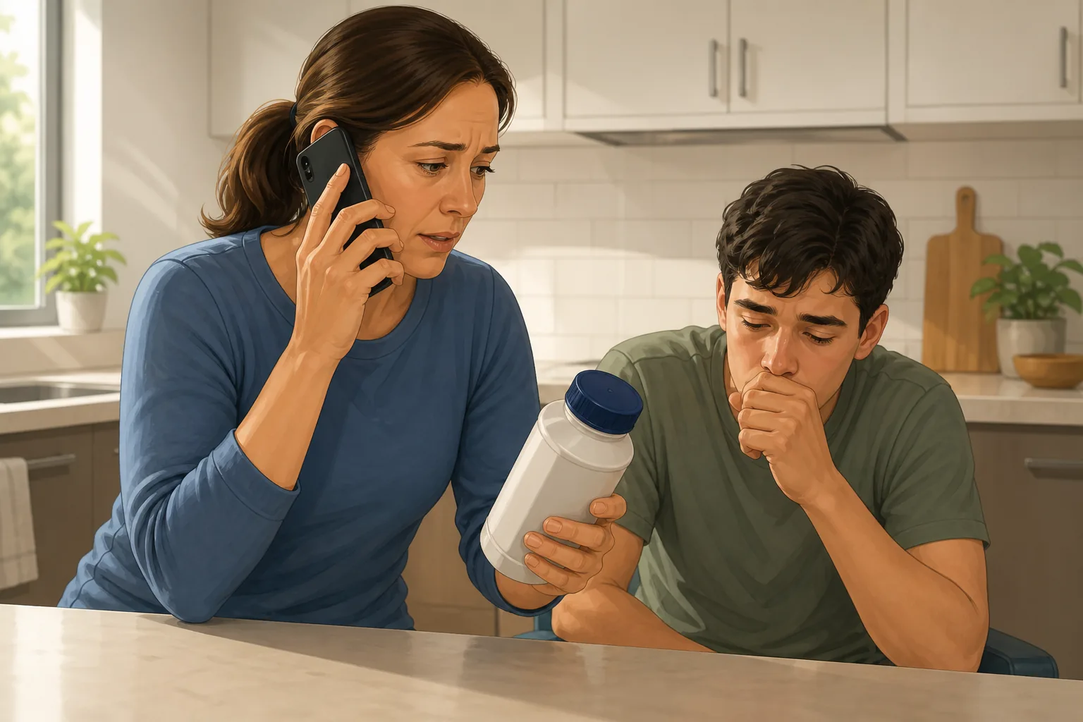 Illustration of a caregiver calling the Australian Poisons Information Centre while keeping a generic product container nearby.