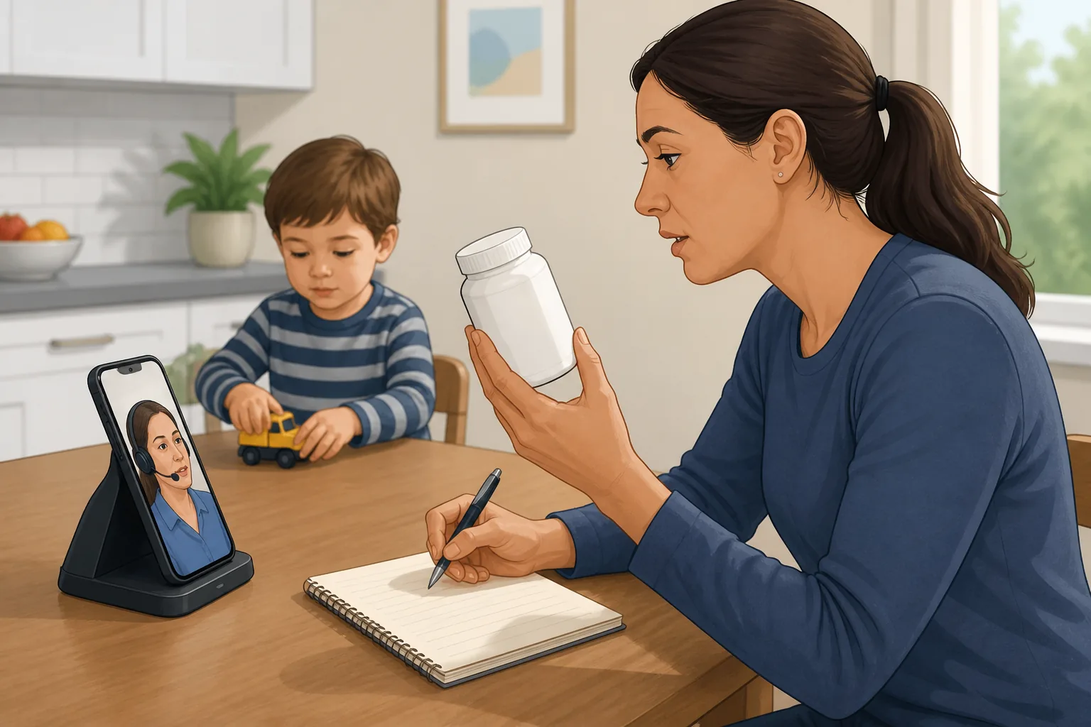 Illustration of a caregiver keeping generic product packaging nearby while speaking to a poisons adviser.