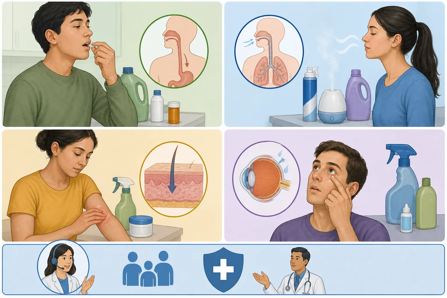 Four-panel educational illustration representing swallowed, inhaled, skin and eye poisoning exposure routes.