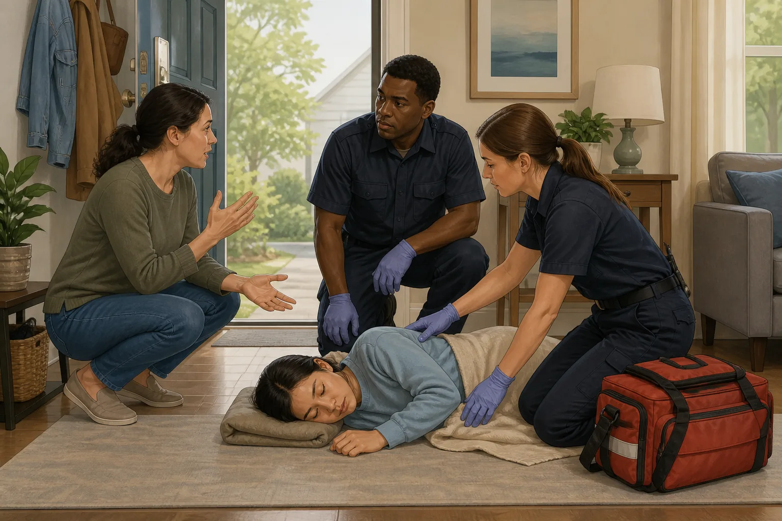 Illustration of a helper telling ambulance responders how long a seizure lasted while the person is monitored.