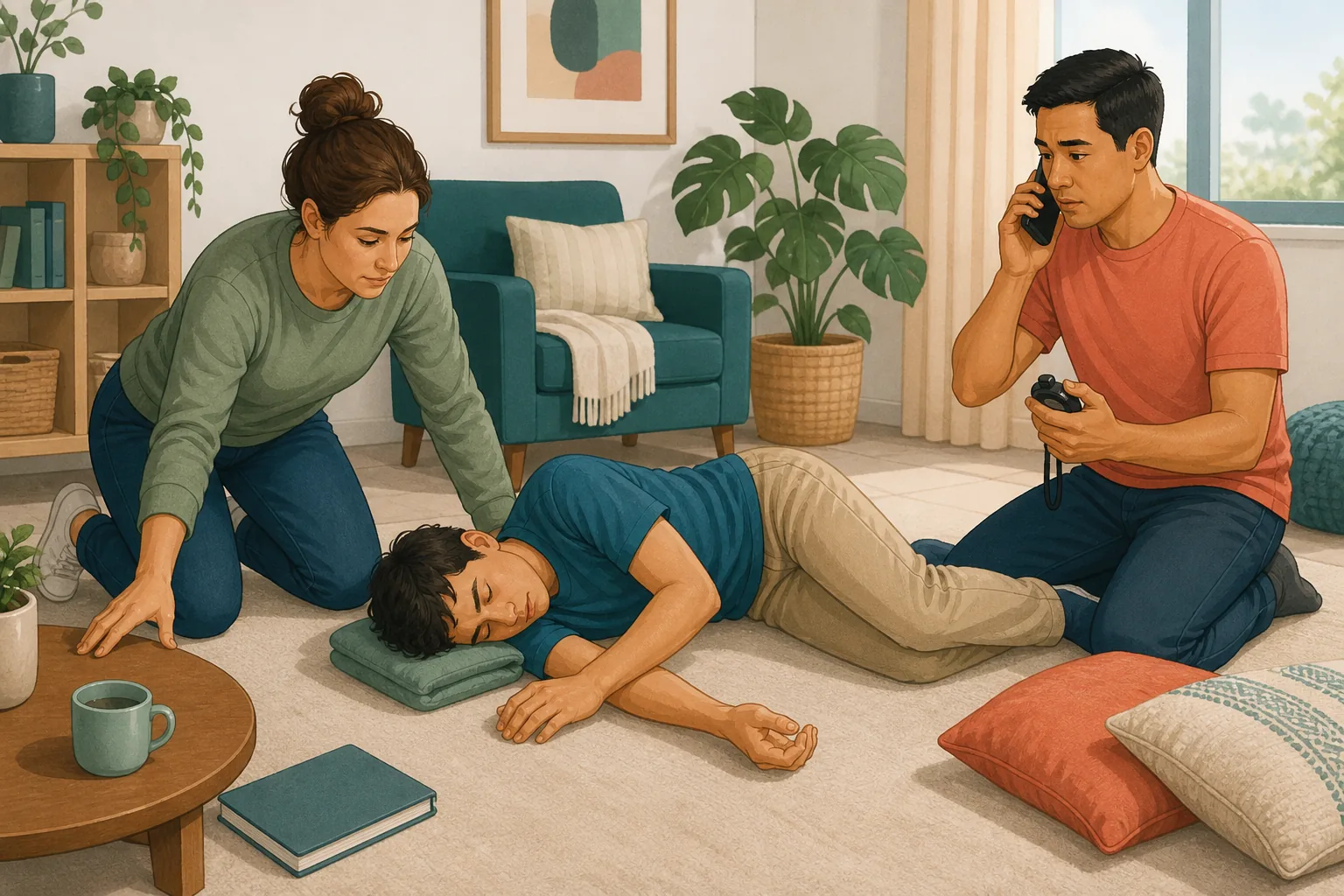 Illustration of a helper clearing hazards and protecting the head of a person having a seizure while another times it and calls for help.