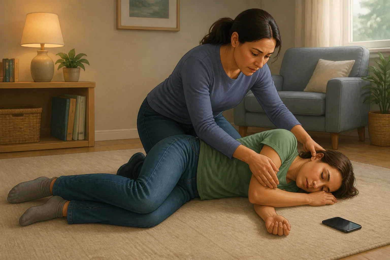 Illustration of a helper placing a person on their side after a seizure and monitoring breathing.