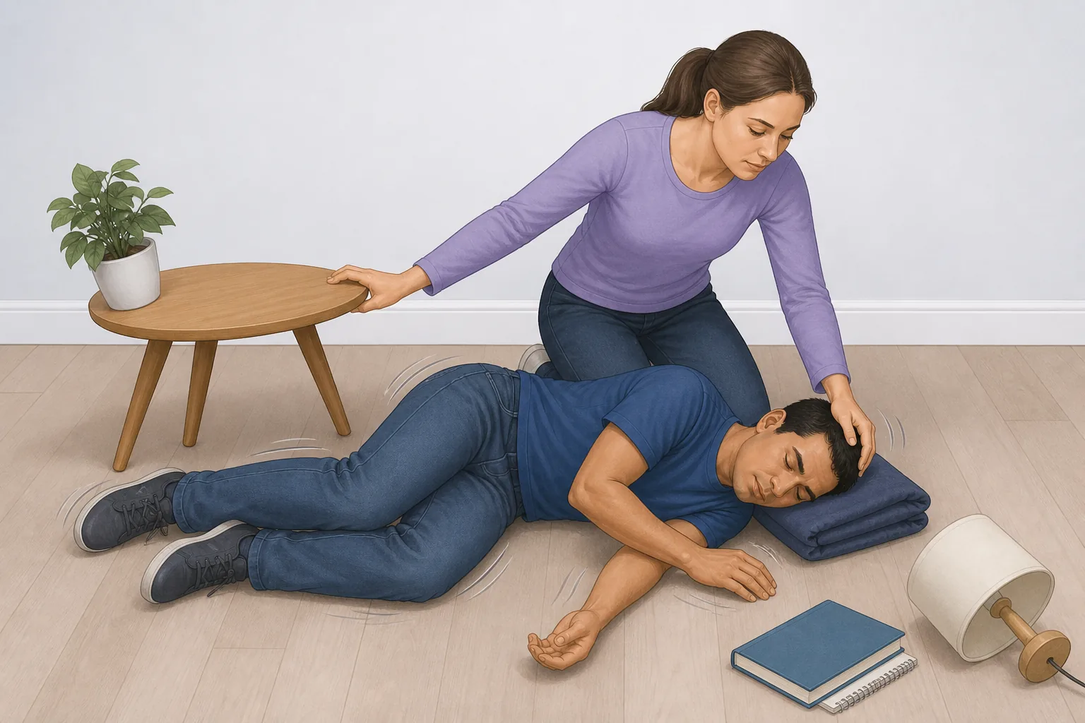 Educational illustration of a helper cushioning a person’s head and moving hazards away during a seizure.