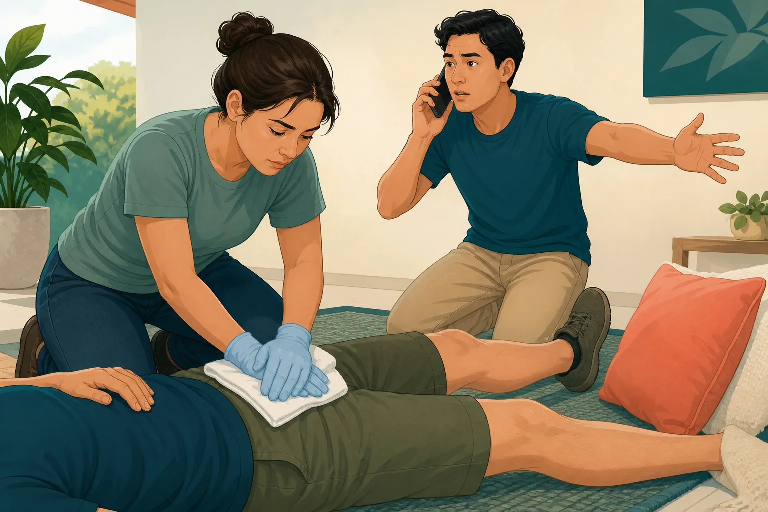 Illustration of a helper applying firm pressure to a covered wound while another person calls Triple Zero.