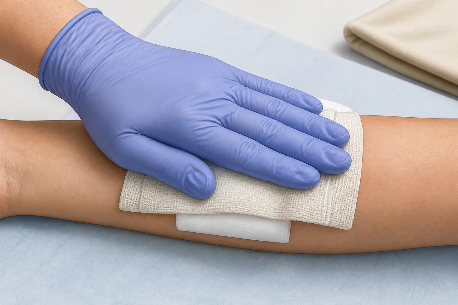 Close educational illustration of a gloved hand applying firm pressure over a covered wound.