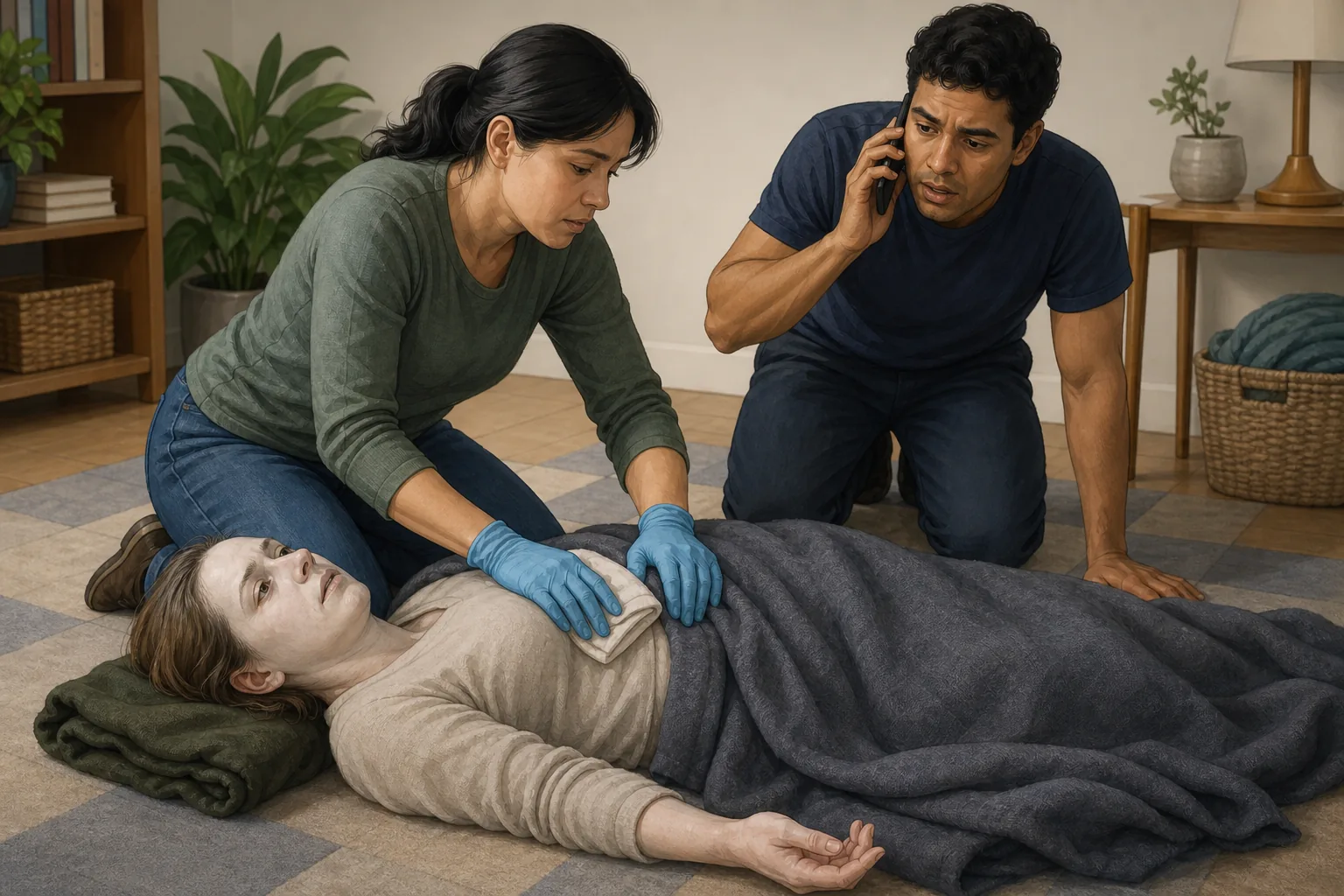 Illustration of a helper maintaining pressure while another keeps a person with severe bleeding warm and calls for help.