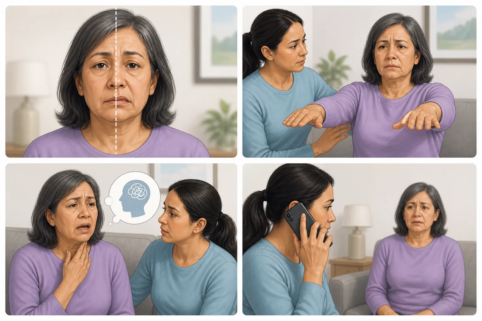 Four-panel educational illustration showing face droop, arm weakness, speech difficulty and emergency escalation.