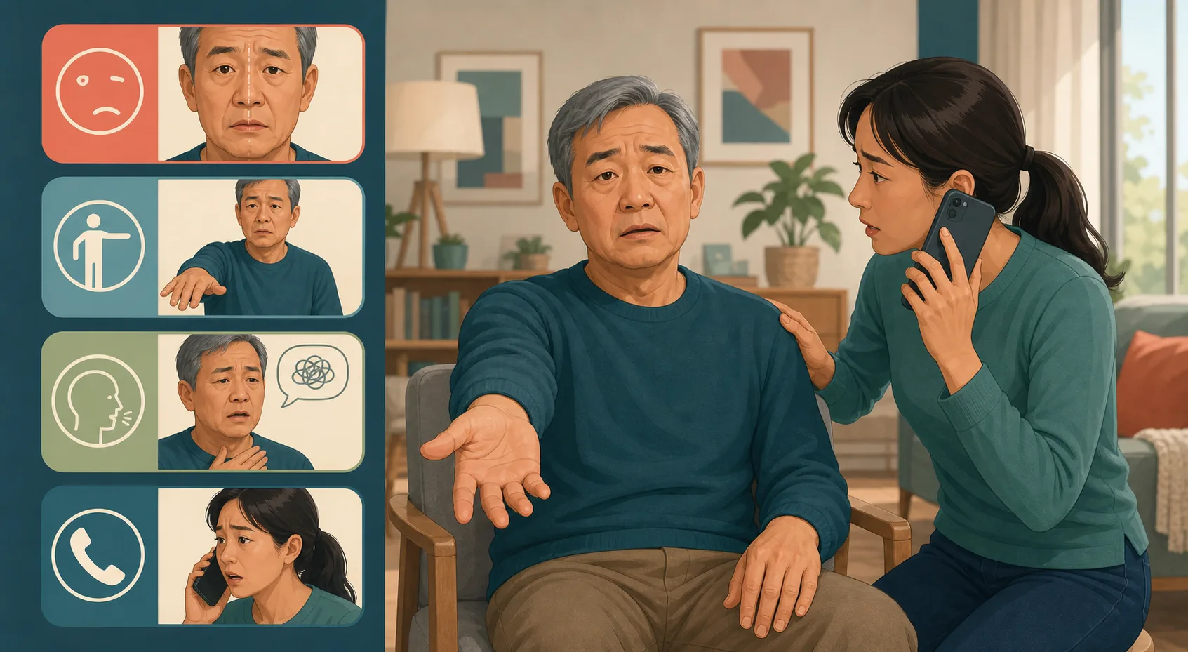 Illustration of a helper checking sudden stroke signs while calling Triple Zero.