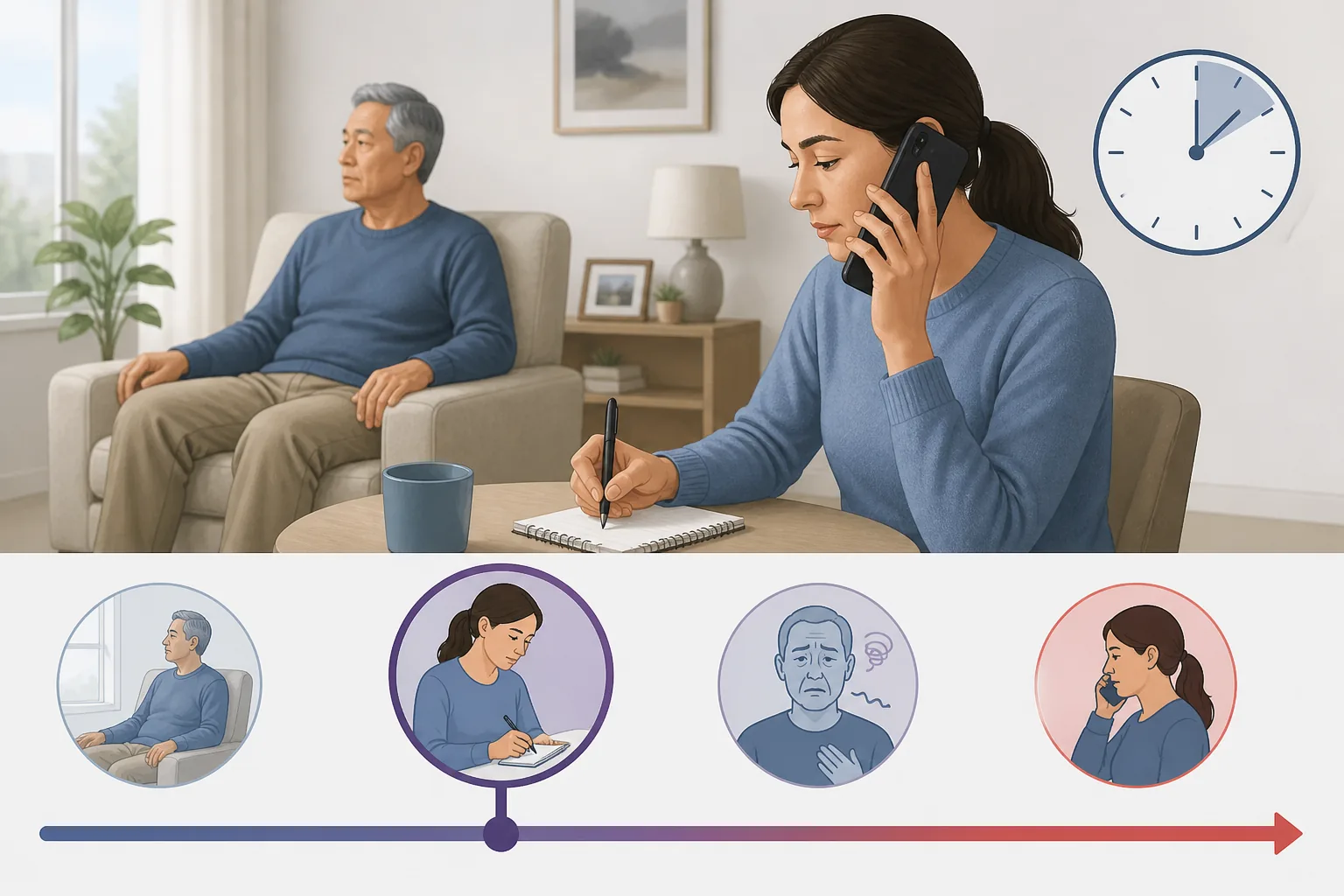 Illustration of a helper recording when stroke symptoms began while calling emergency services.