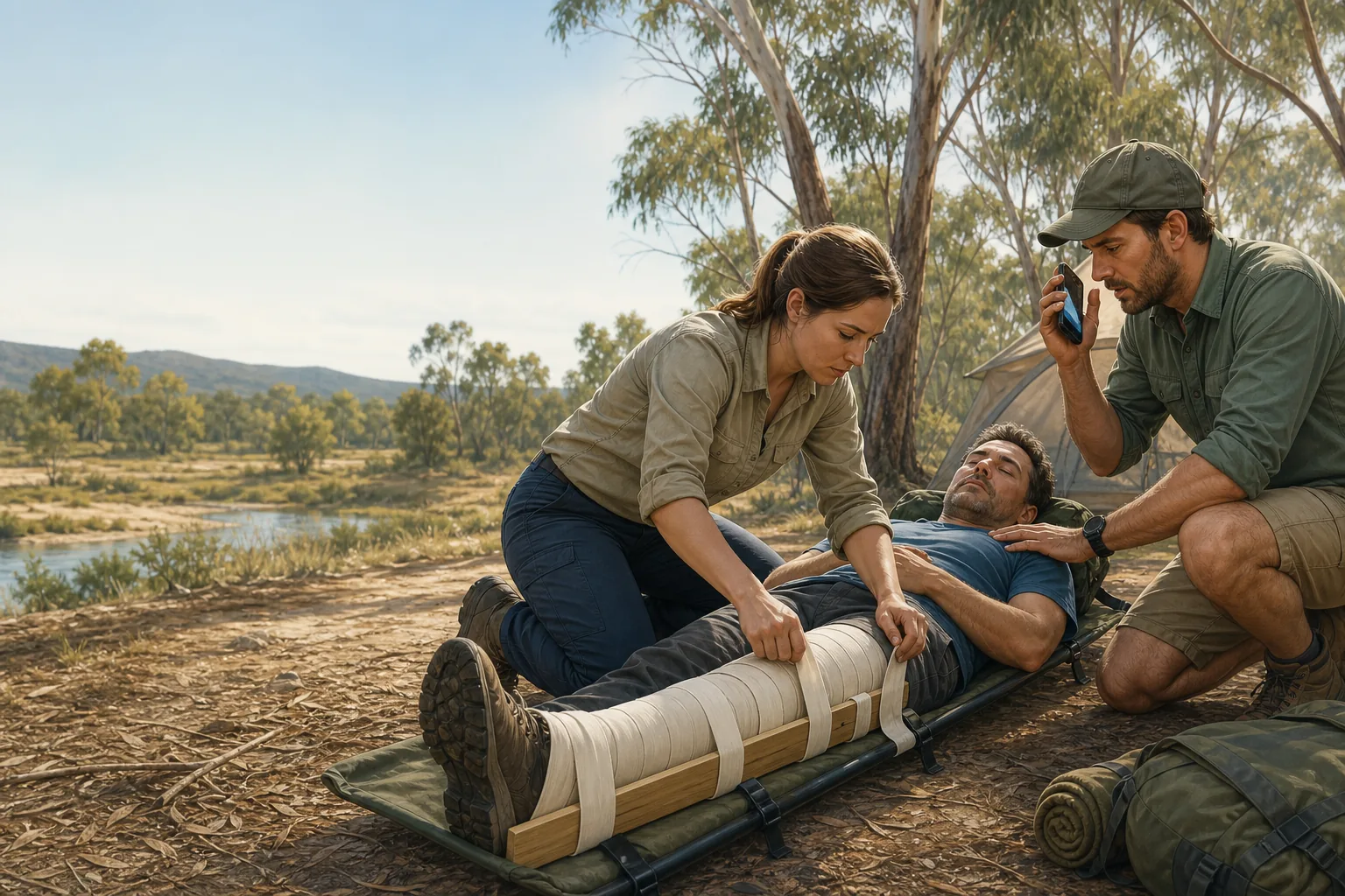 A pressure-immobilisation response with a person kept still, a full lower-leg bandage and splint, and a bystander calling 000.
