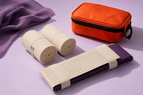 Two rolled elastic bandages and a padded splint beside an orange first aid pouch.