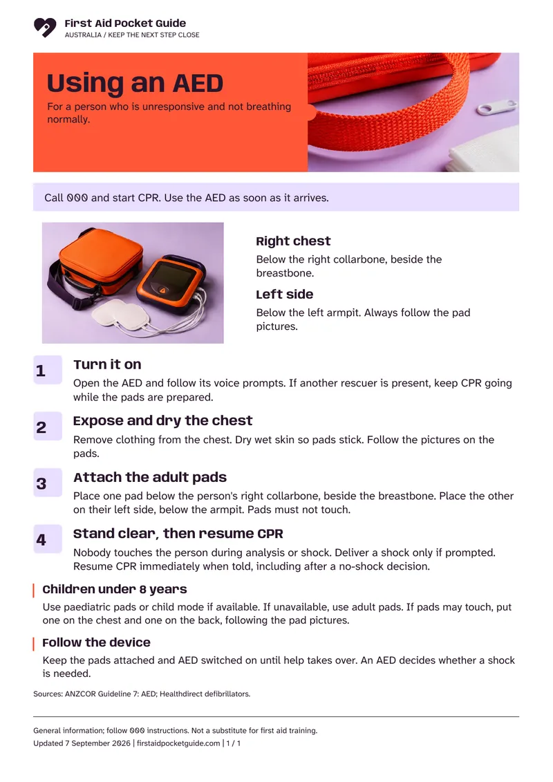 Actual A4 document preview: Using an AED. The full text follows below.