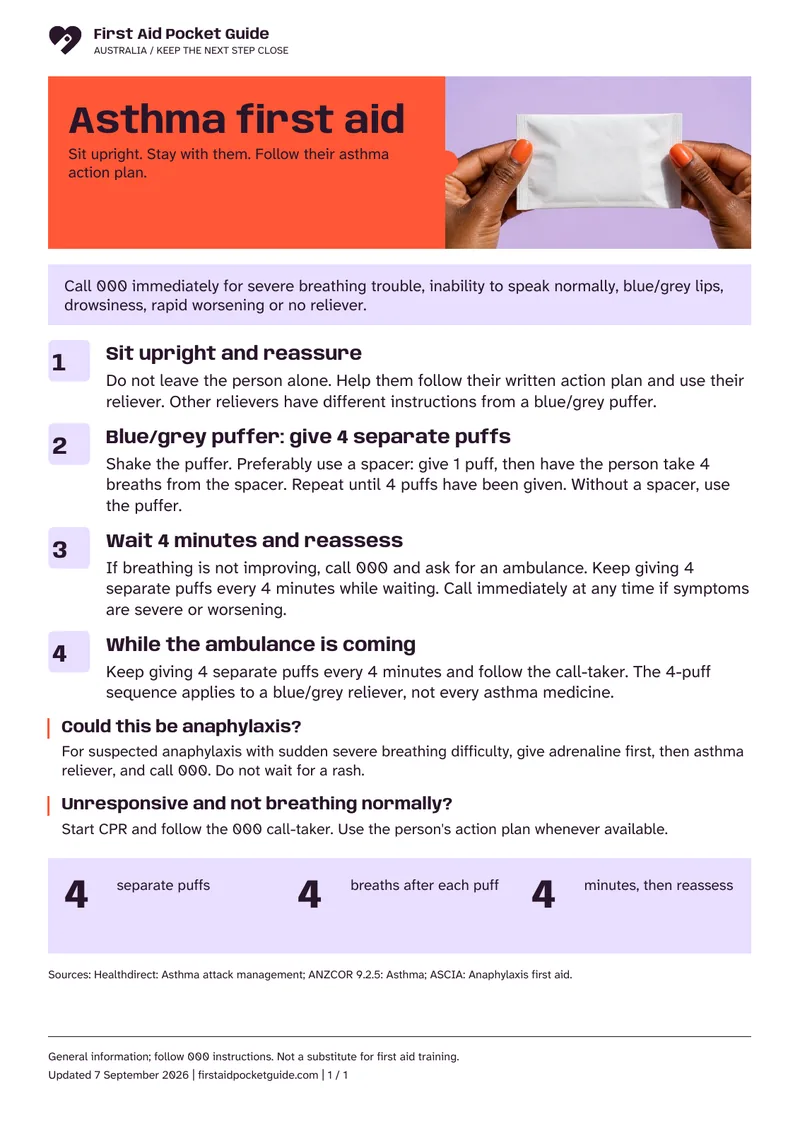 Actual A4 document preview: Asthma first aid. The full text follows below.