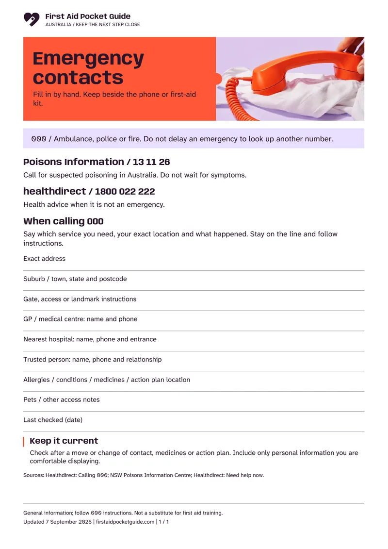 Actual A4 document preview: Emergency contacts. The full text follows below.